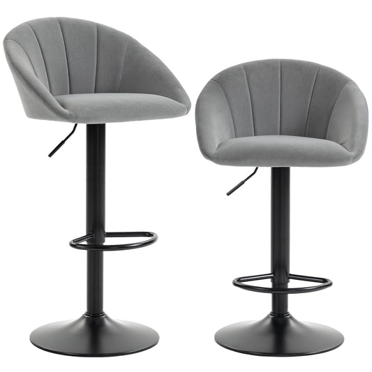 HOMCOM Set of 2 Velvet-Feel Bar Stools, Swivel Adjustable Height Breakfast Bar Chairs with Backrest, Footrest, Quilted Kitchen Stools for Dining Room, Grey