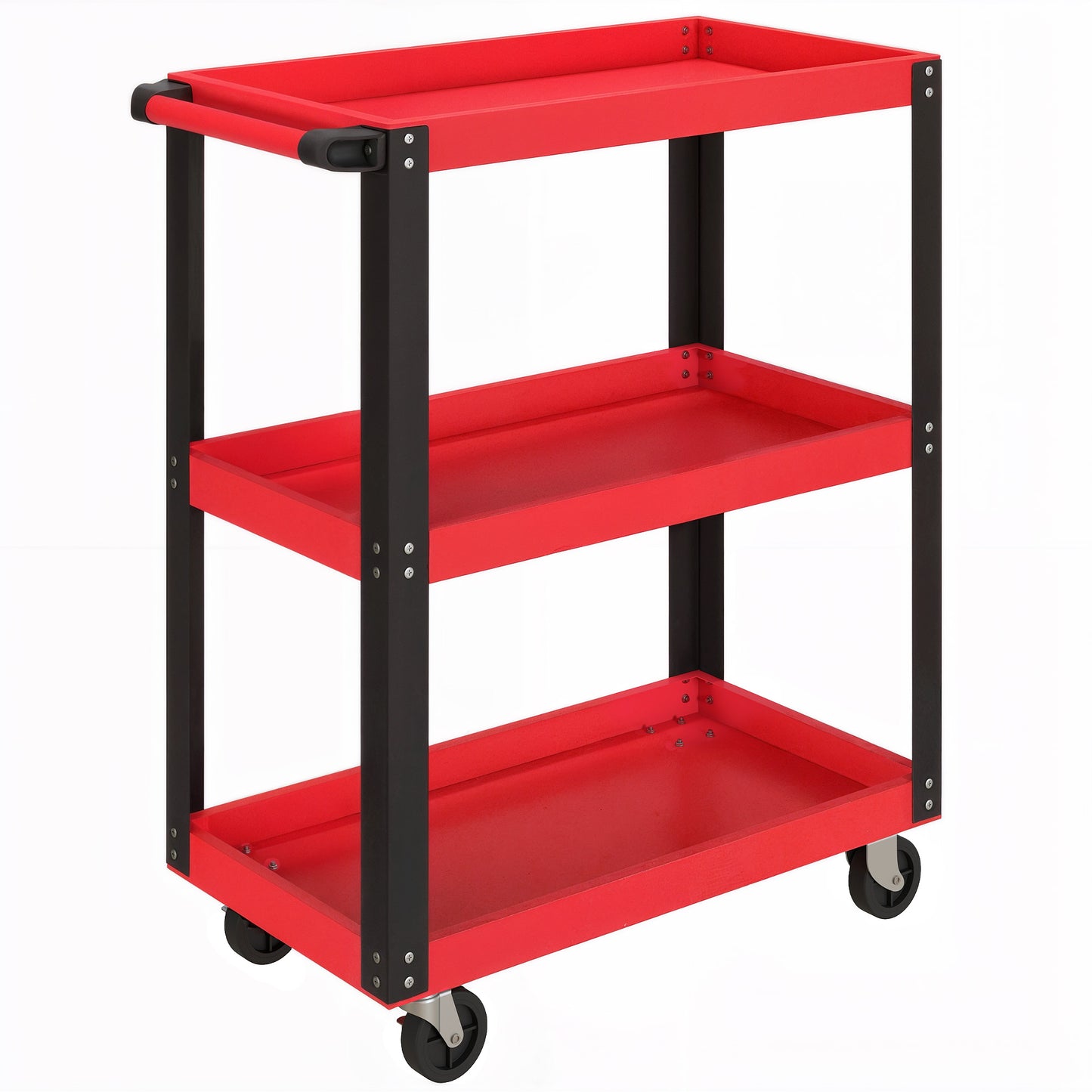 HOMCOM Tool Utility Cart Heavy Duty Tool Trolley Rolling with Brake Swivel Castors 3 Shelves Black Red