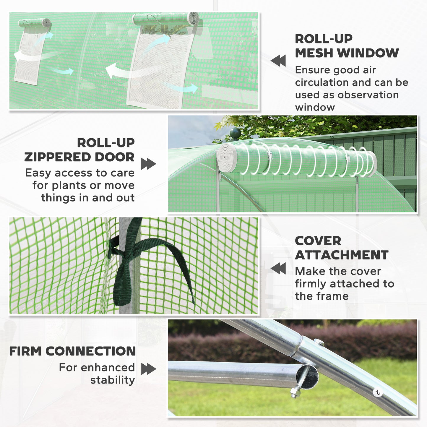 Outsunny 6 x 3 m Walk-in Polytunnel Greenhouse, Zipped Roll-Up Door, 8 Mesh Windows, UV-Resistant PE Cover, Green