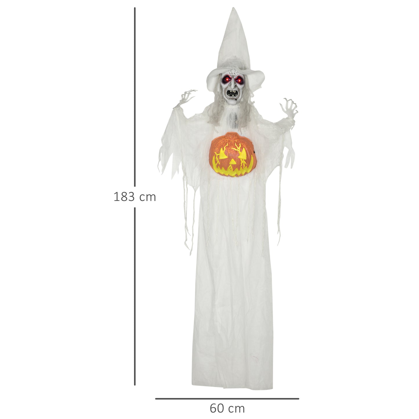 HOMCOM 6ft Outdoor Halloween Decoration Witch, Life-Size Sound & Motion Activated Skeleton Witch Prop with Light-Up Eyes, Posable Arms, White