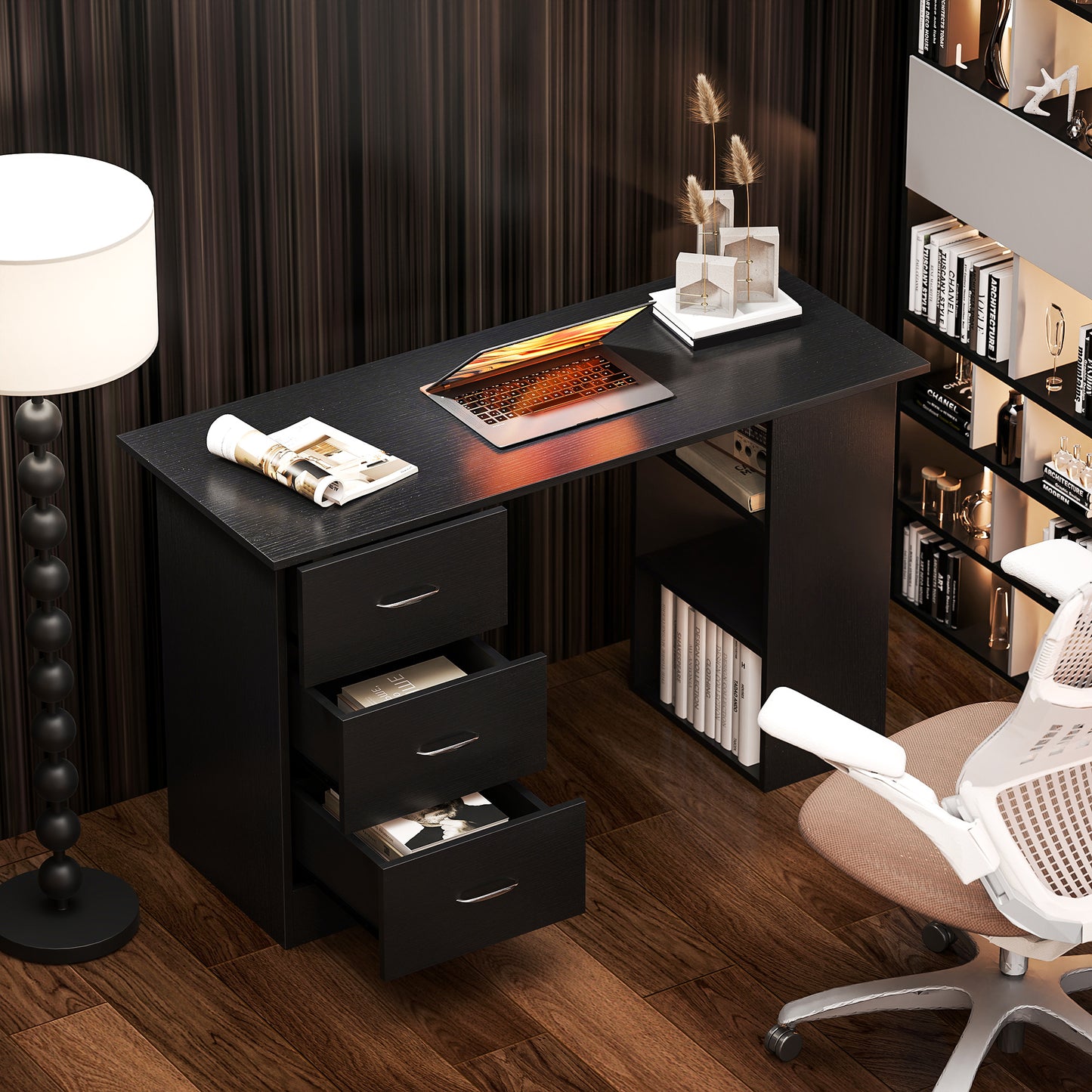 HOMCOM Computer Desk with Shelves & Drawers Black