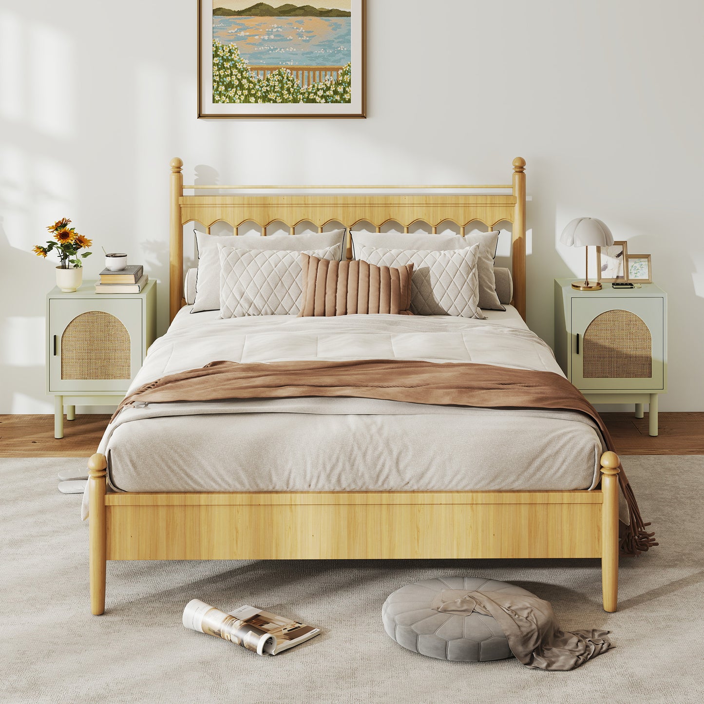 HOMCOM 2-Piece Rattan Bedside Table for Bedroom - Light Green