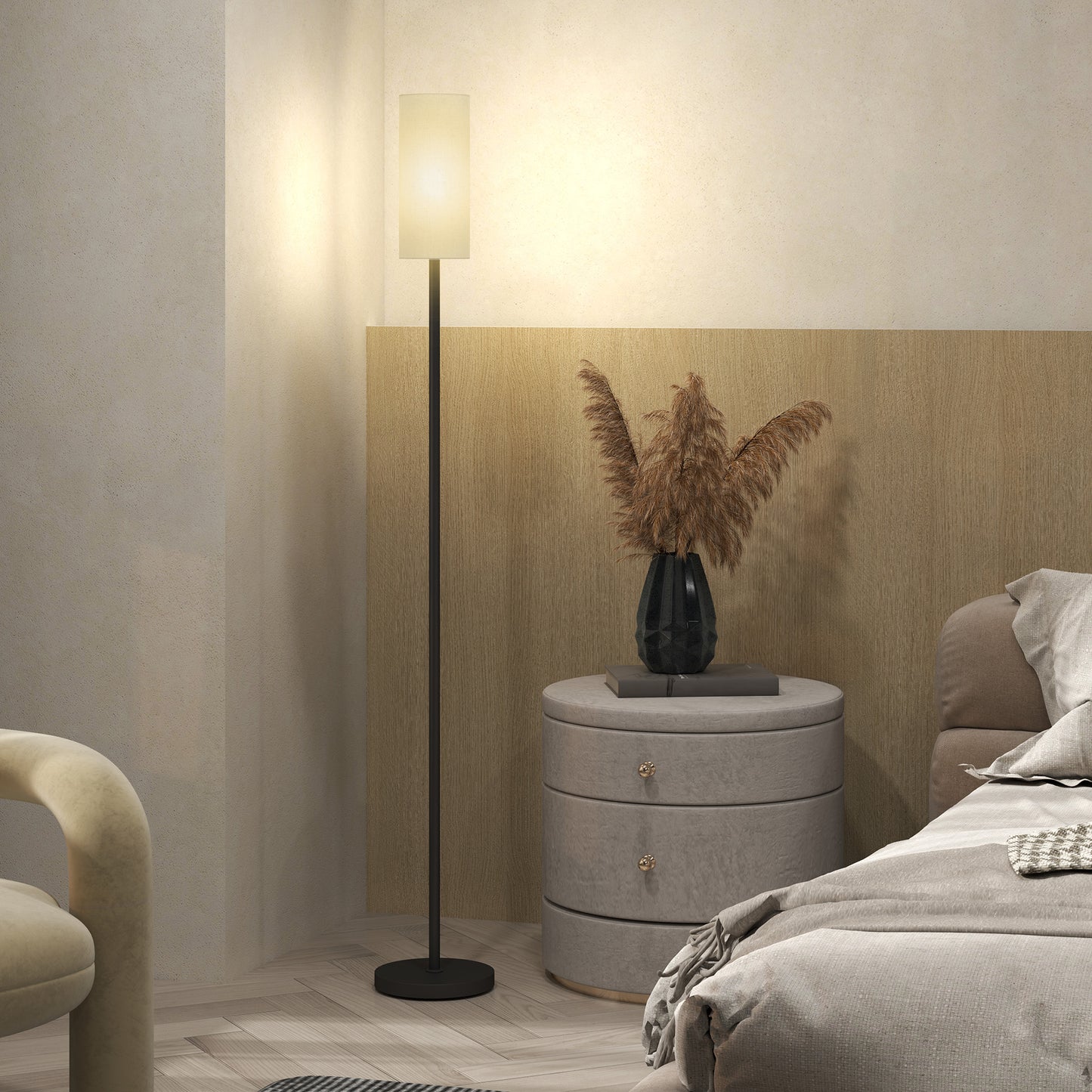 HOMCOM Floor Lamp for Living Room, Modern Standing Lamp with Linen Shade & Foot Switch, Minimalist Tall Pole Lampshade for Bedroom, Office, White