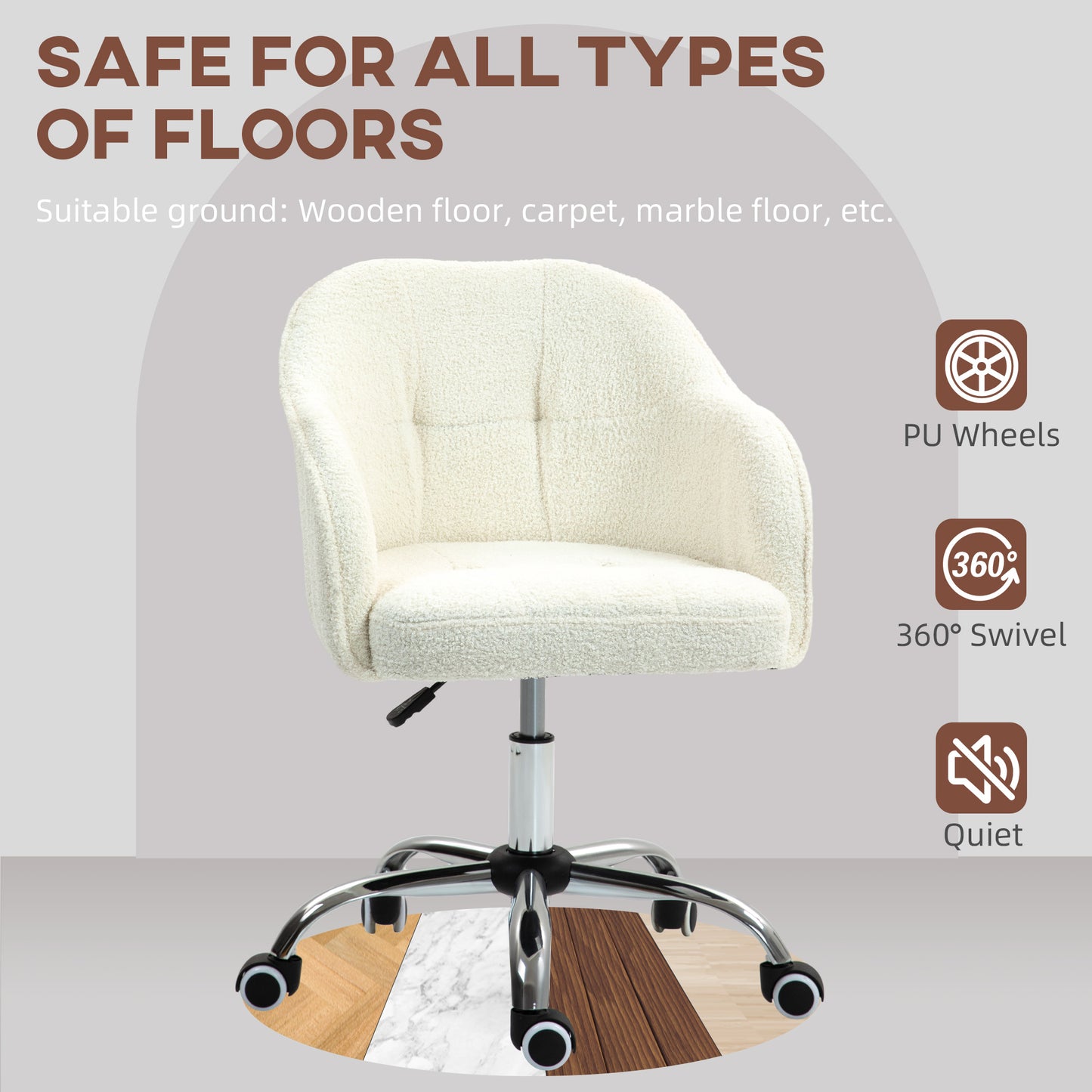 HOMCOM Computer Desk Chair, Fluffy Fabric Swivel Office Chair Height Adjustable Cream White