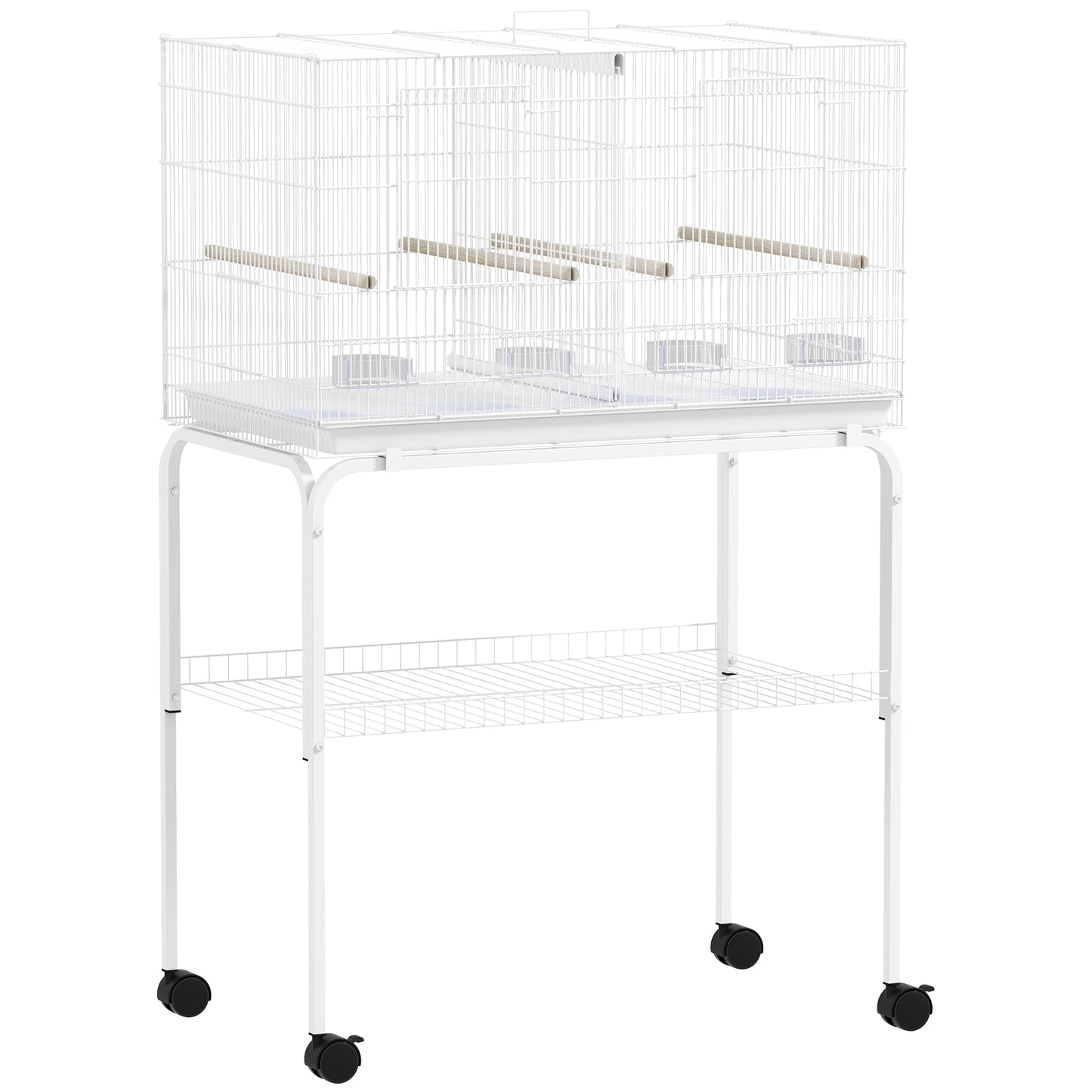 PawHut Bird Cage with Divider, 4 Wooden Perches, Slide Out Tray, 4 Feeders, for Budgie, Lovebird, Canary, 76 x 46 x 116cm White
