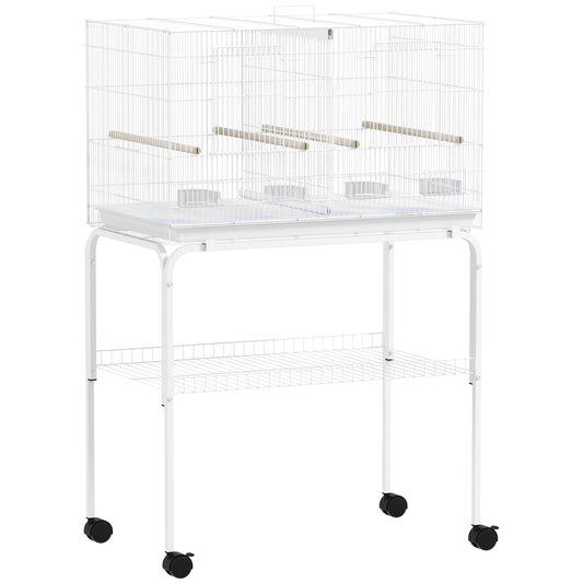 PawHut Bird Cage with Divider, 4 Wooden Perches, Slide Out Tray, 4 Feeders, for Budgie, Lovebird, Canary, 76 x 46 x 116cm White