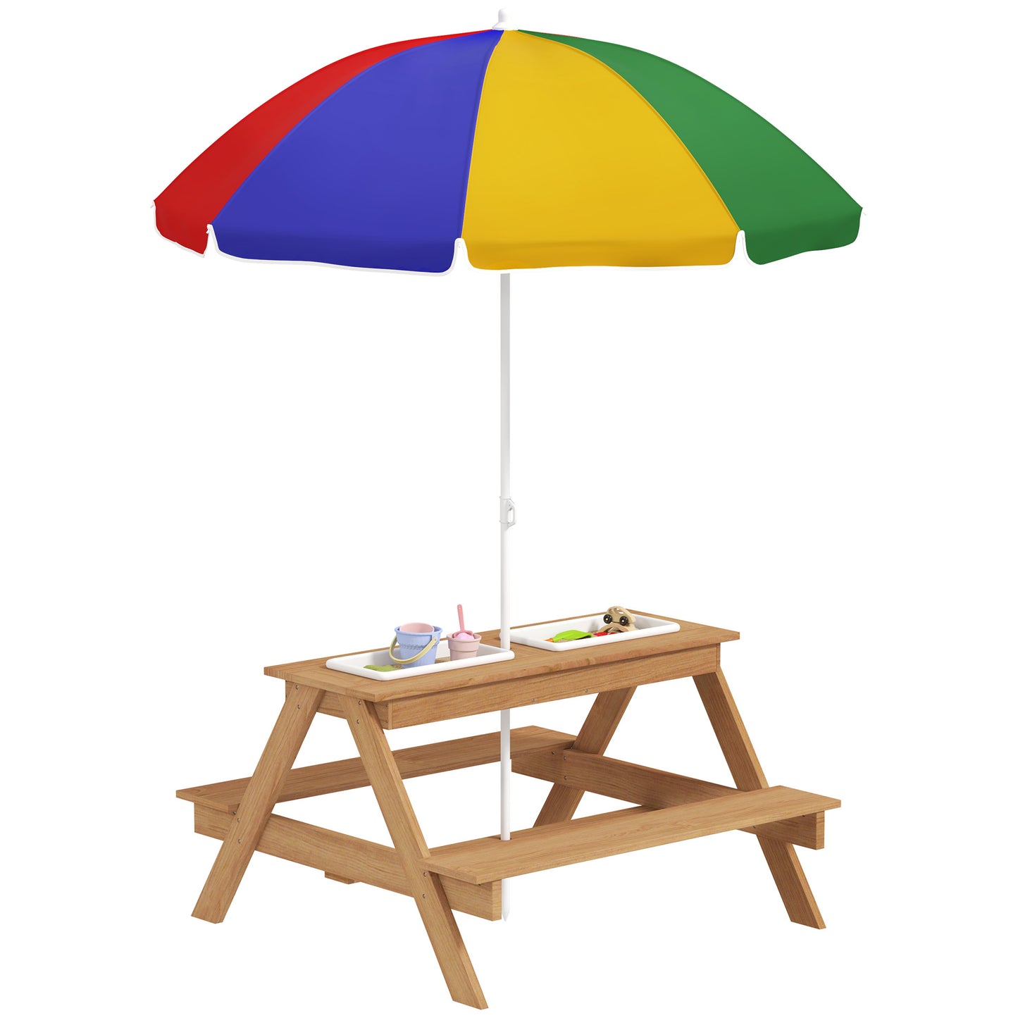 AIYAPLAY Kids Picnic Table, Sand and Water Table with Wooden Benches, Adjustable Parasol and Storage Bins, Multicolour