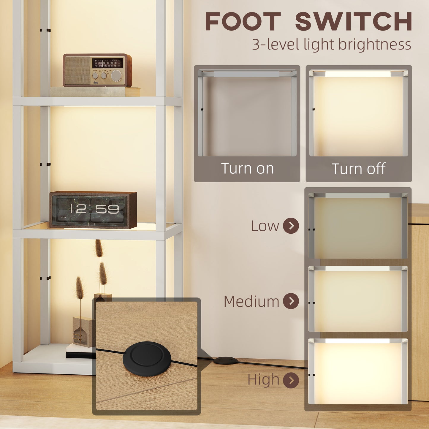 HOMCOM LED Floor Lamp with 4 Glass Shelves, Dimmable Tall Standing Lamp, Modern Shelf Light for Living Room, Bedroom, Office, Grey