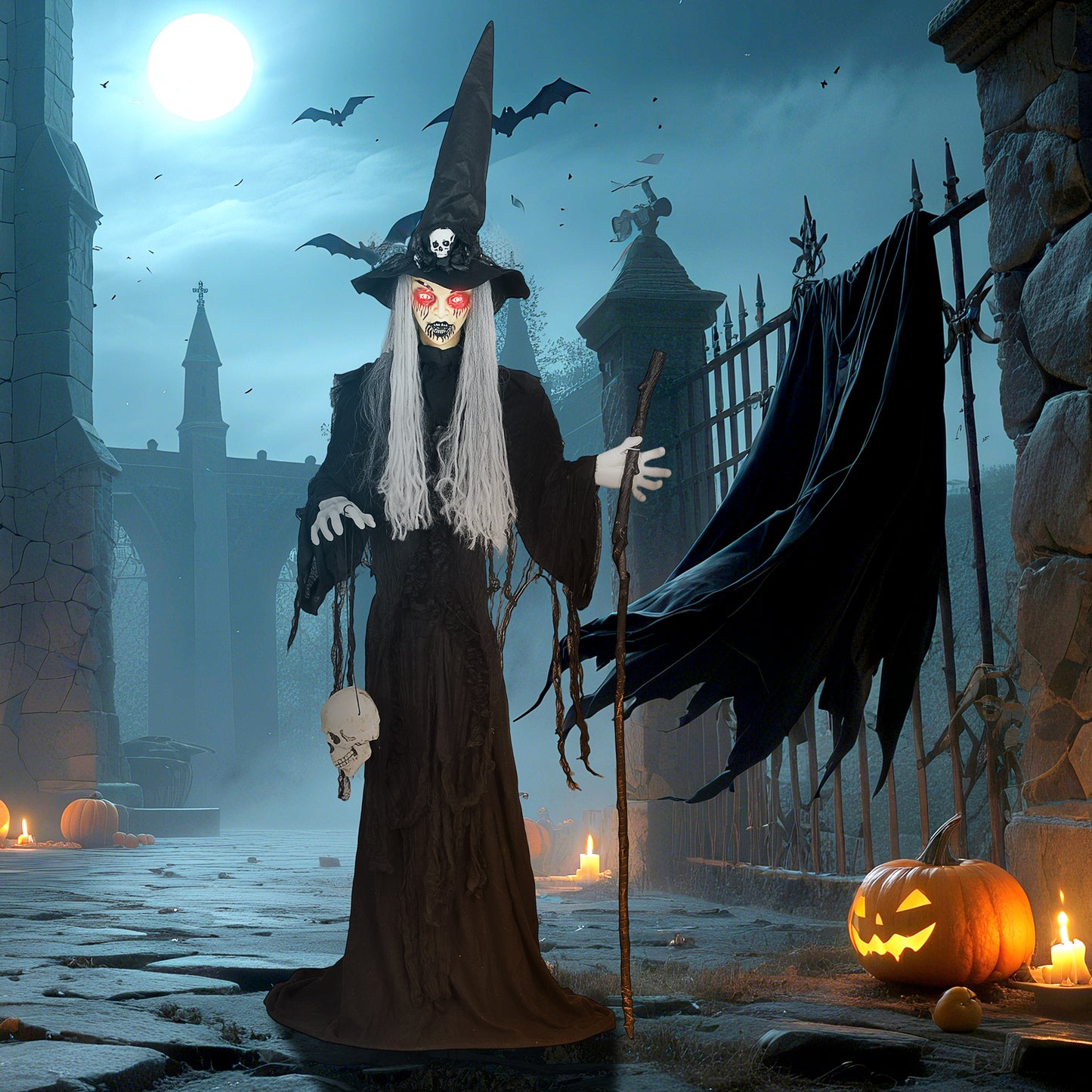 Outsunny 170cm Halloween Animated Witch & Staff, LED Eyes, Spooky Battery Operated Decoration, Indoor Party Prop, Life Size, Black