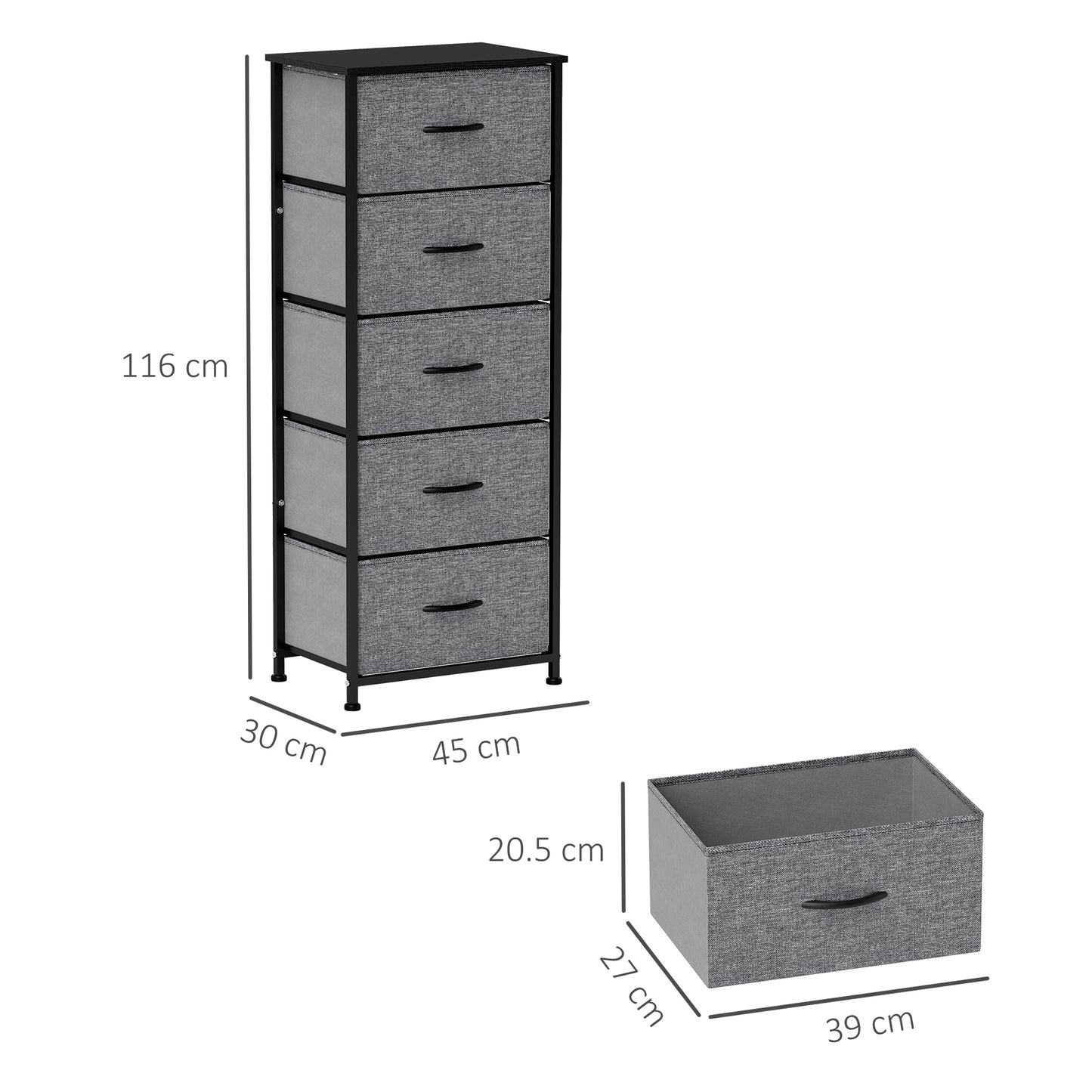 HOMCOM Industrial Dresser with 5 Fabric Drawers, Steel Frame, Wooden Top for Nursery, Living Room, Hallway, Dark Grey