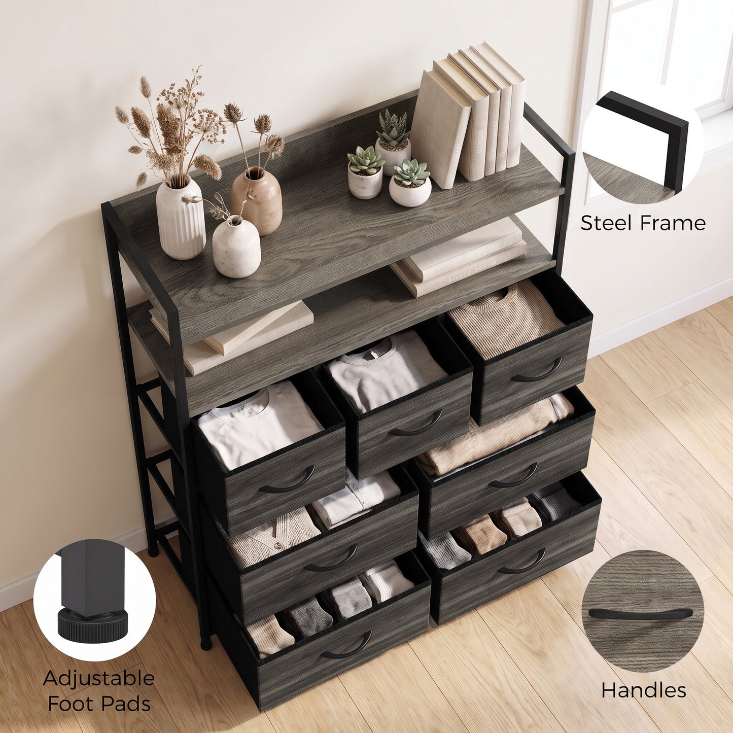 HOMCOM Chest of Drawers, Bedroom Fabric Dresser with 7 Drawers, Storage Organiser Unit with Open Shelves, Grey Wood-Effect
