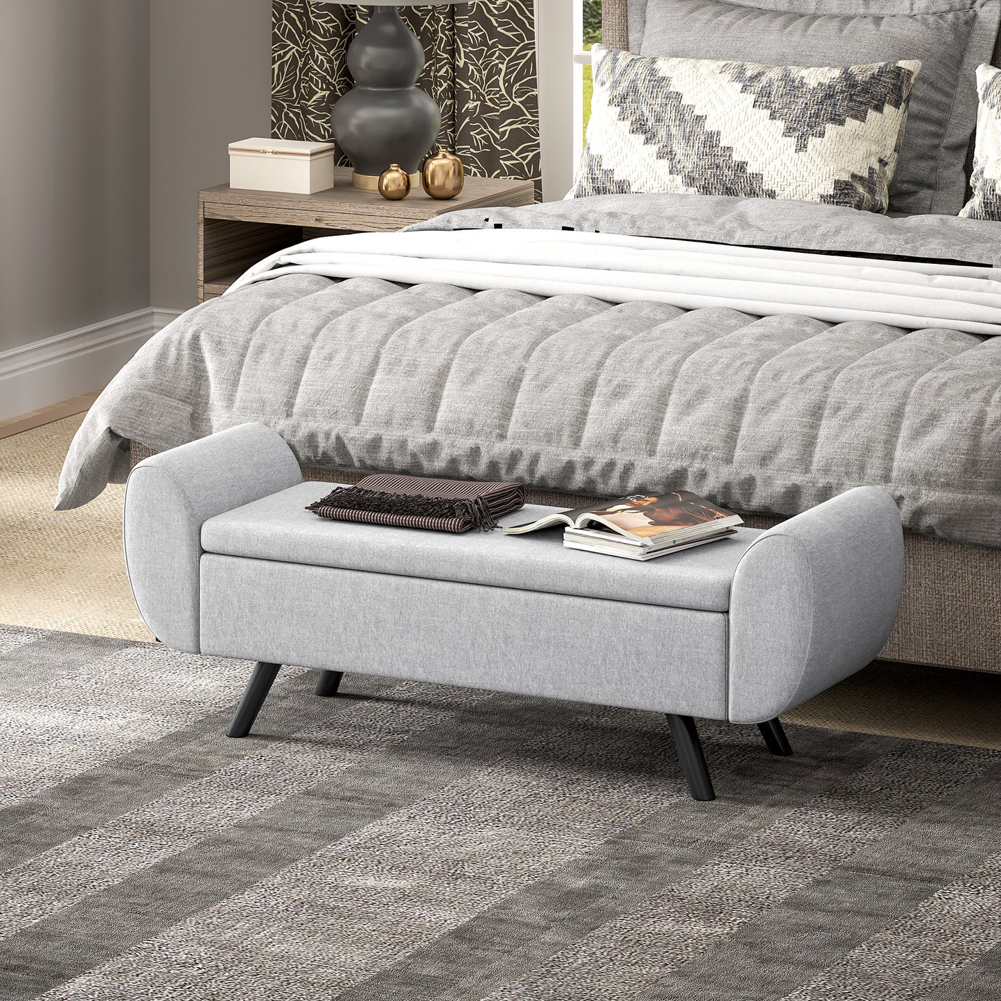 HOMCOM Storage Ottoman with Armrest, Upholstered Linen Bench, Rubberwood Legs, Footstool for Bedroom, Living Room, Hallway, Light Grey