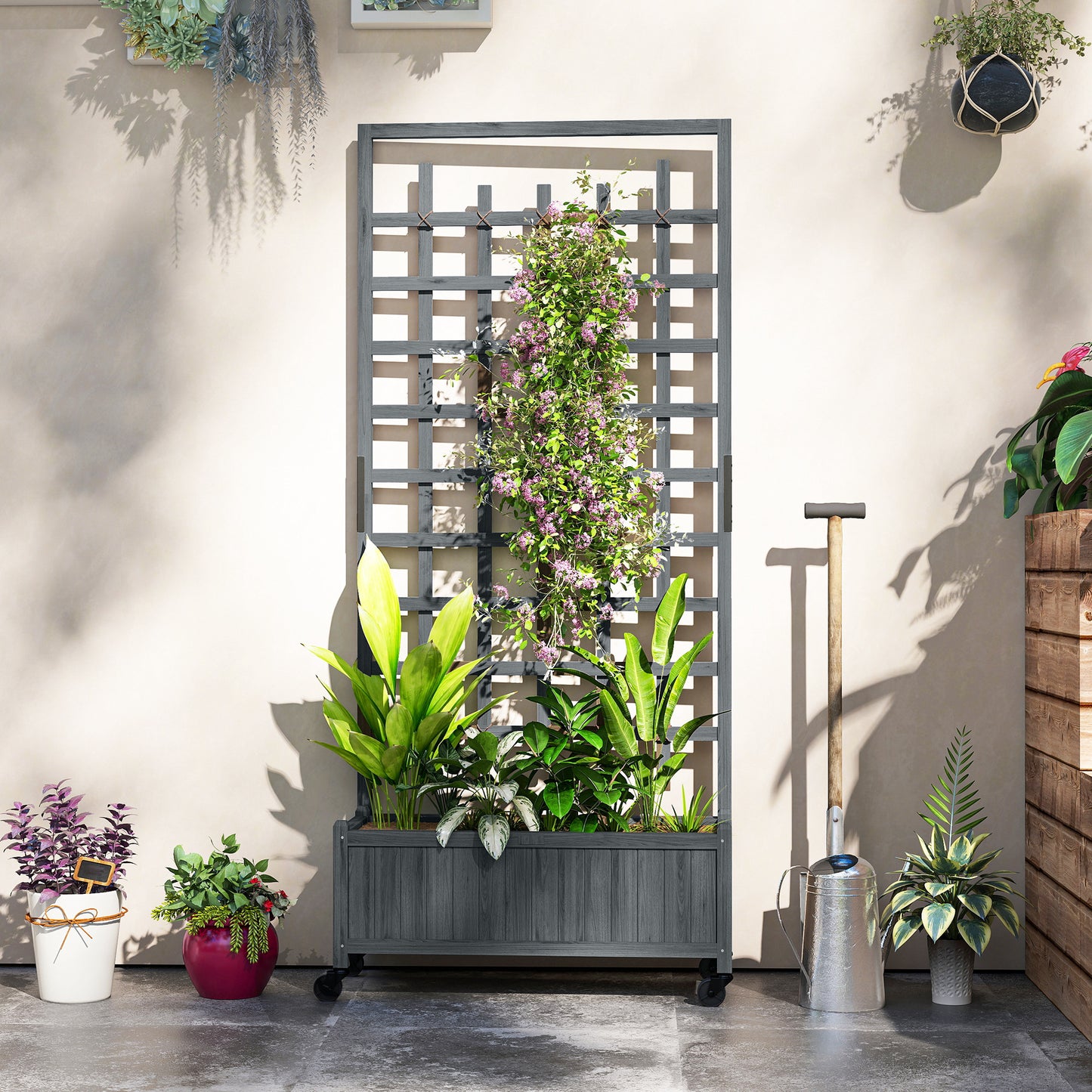 Outsunny Wooden Trellis Planter, Raised Garden Bed with Wheels, to Climb and Grow Vegetables, Herbs and Flowers, Grey