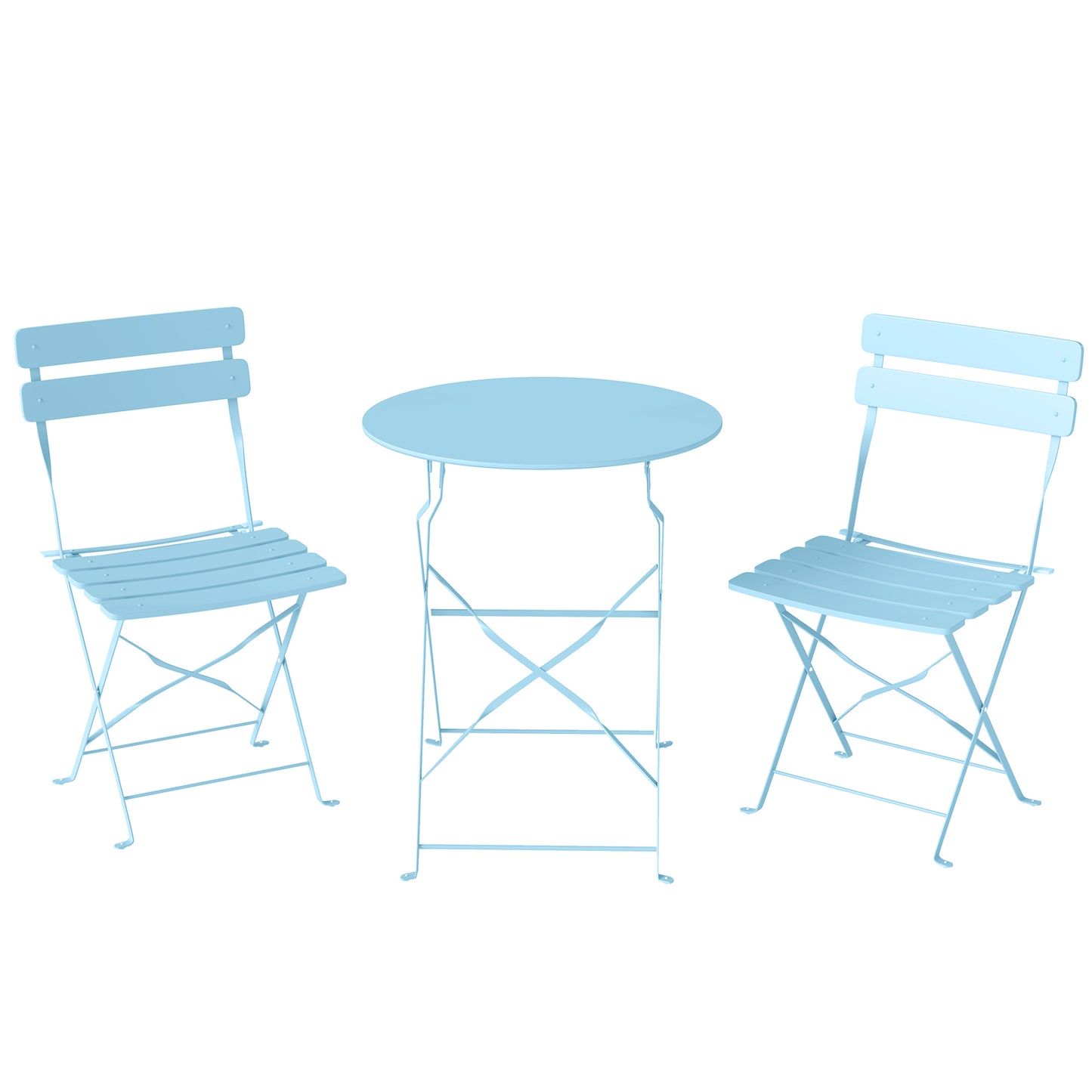 Outsunny Folding Garden Bistro Set, Outdoor Round Bistro Table and Chairs Set 2 with Electrophoresis Metal Frame, Light Blue