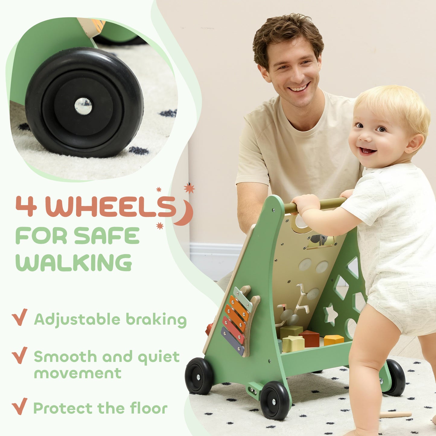AIYAPLAY Wooden Baby Walker, Push Along Walker Toys with Speed Control, Xylophone, gears and Bead Maze, Green