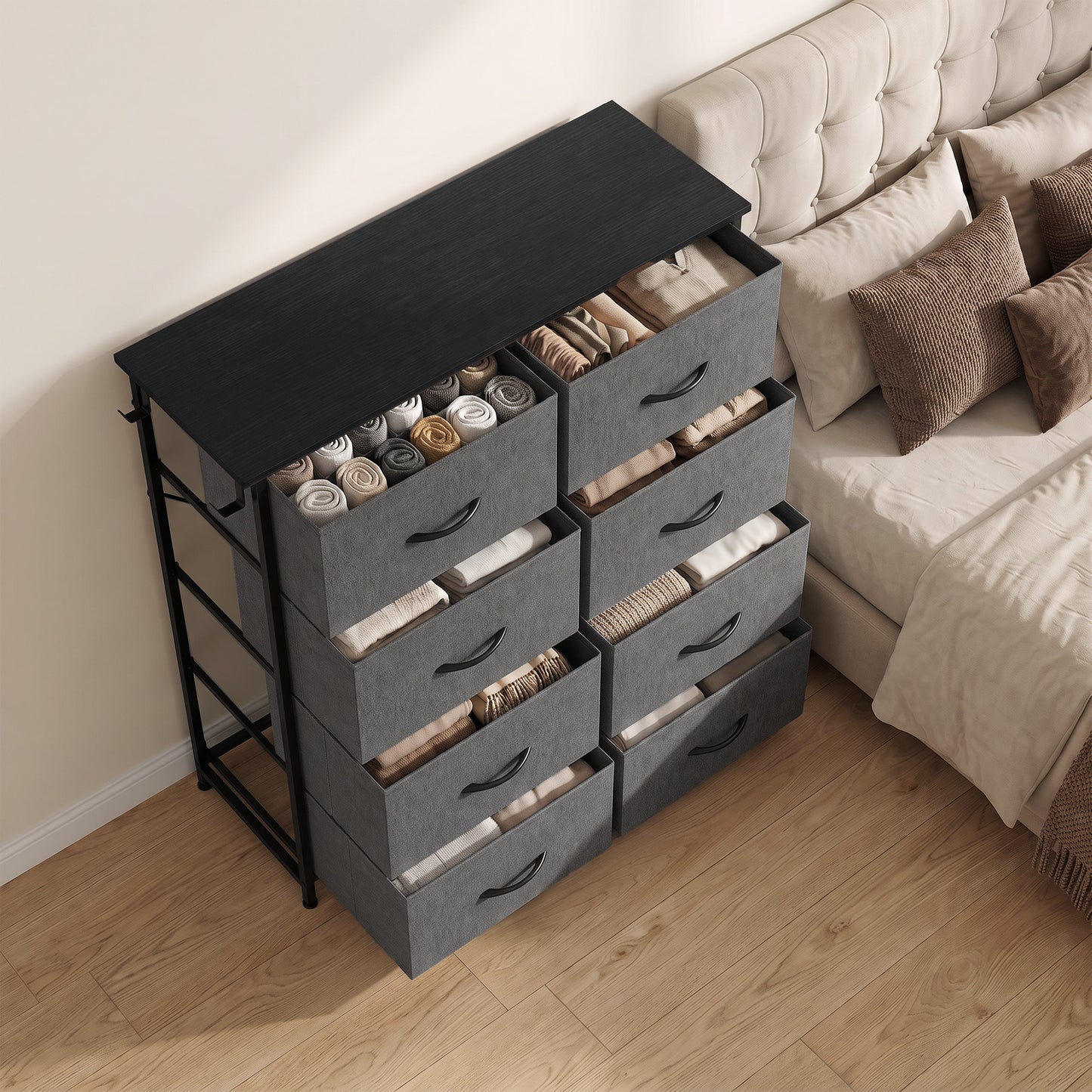 HOMCOM Chest of Drawers, Dresser for Bedroom with 8 Fabric Drawers, Tall Storage Unit w/ Side Storage Bag, Grey