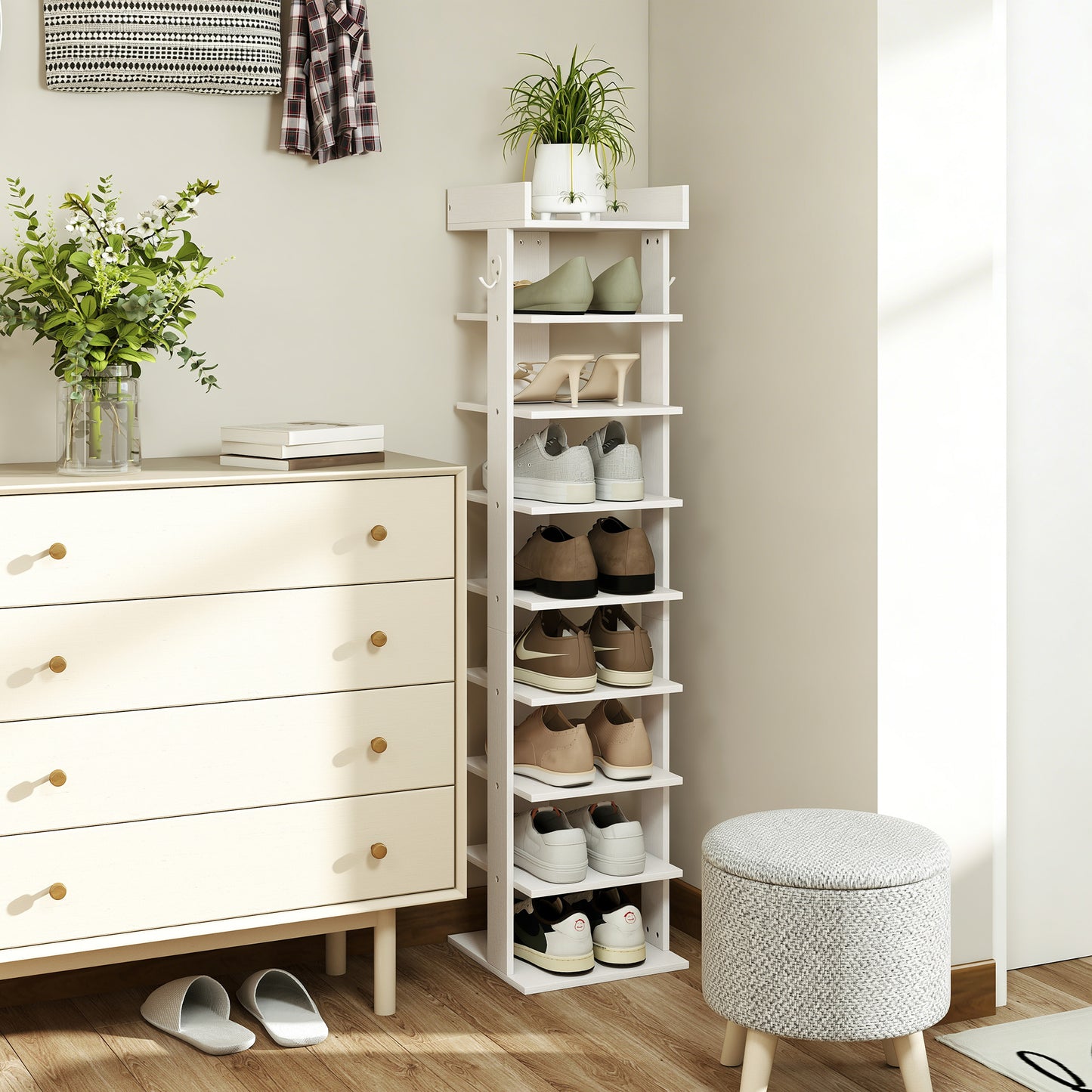 HOMCOM Shoe Rack 9-Tier Shoe Storage Organiser Top Tray Guardrail 2 Hooks 30 x 30 x 128.4 cm White