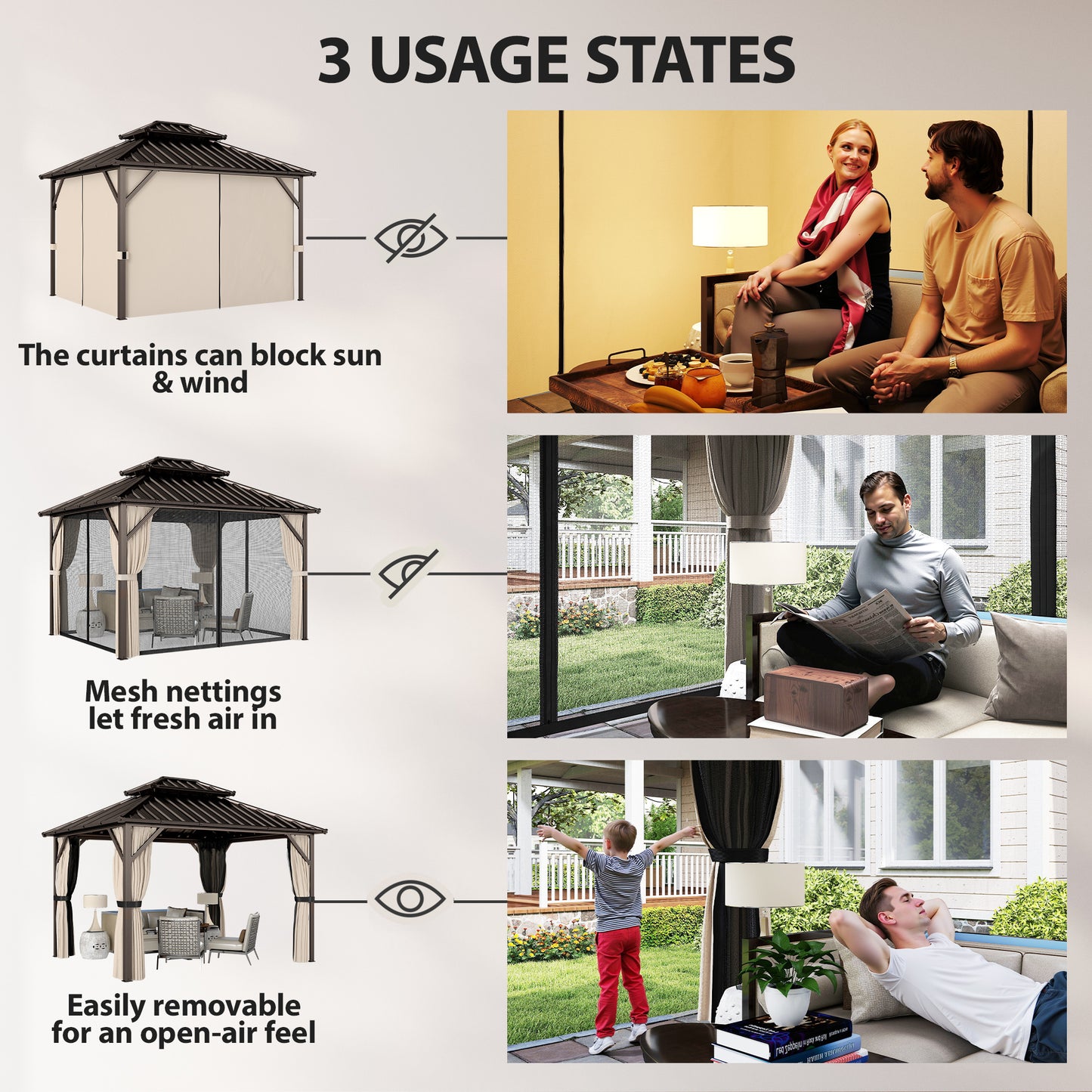 Outsunny 3x3.6 m Hardtop Gazebo Canopy with UPF50+ Double Galvanised Steel Roof, Aluminium Garden Gazebo Permanent Pavilion, Brown