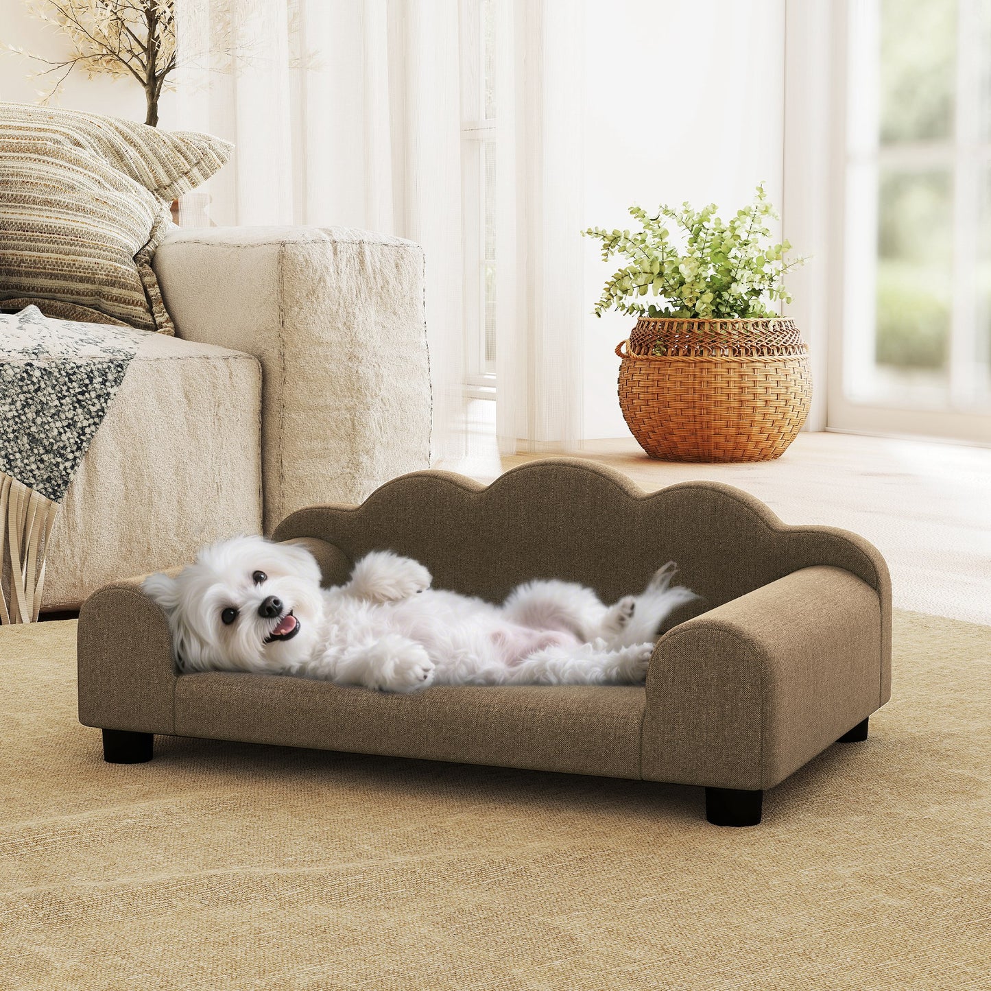 PawHut Elevated Dog Sofa Bed, Breathable Pet Sofa with Backrest and Armrest for Small Dogs, Brown