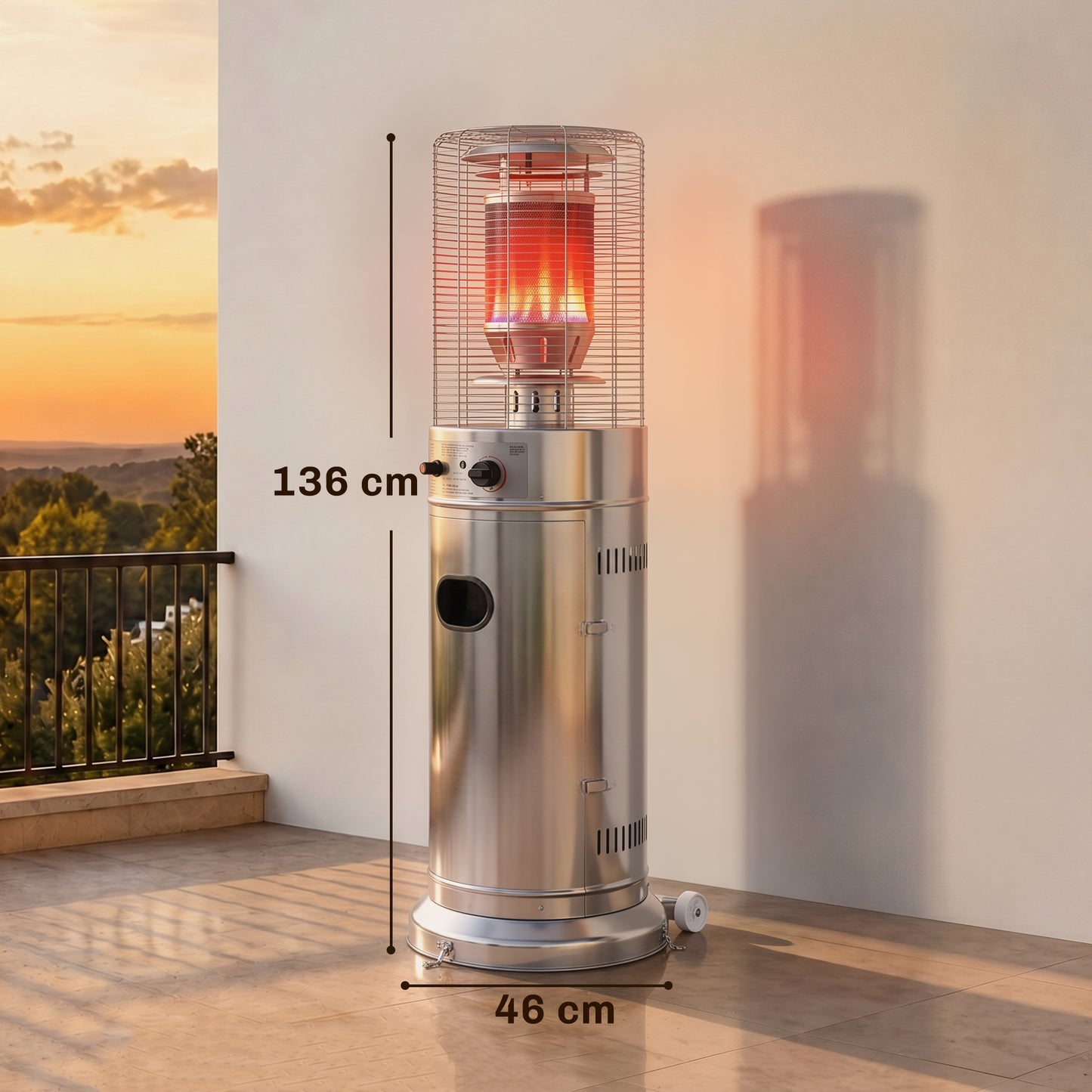 Outsunny Gas Patio Heater, 13 kW Stainless Steel Portable Propane Outdoor Heater with Pulse Ignition, Tip-over Protection, Silver