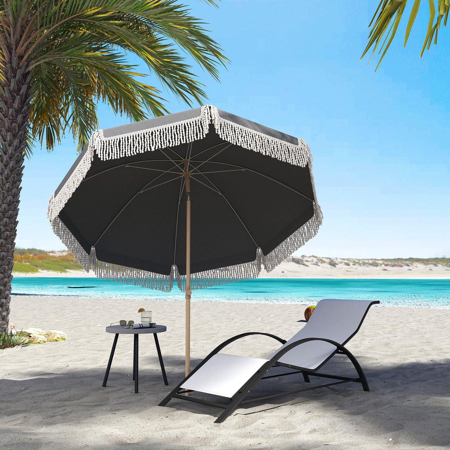 Outsunny 1.7 m Beach Umbrella with Sand Anchor, 30° Tilting Beach Garden Parasol with Adjustable Height, Grey