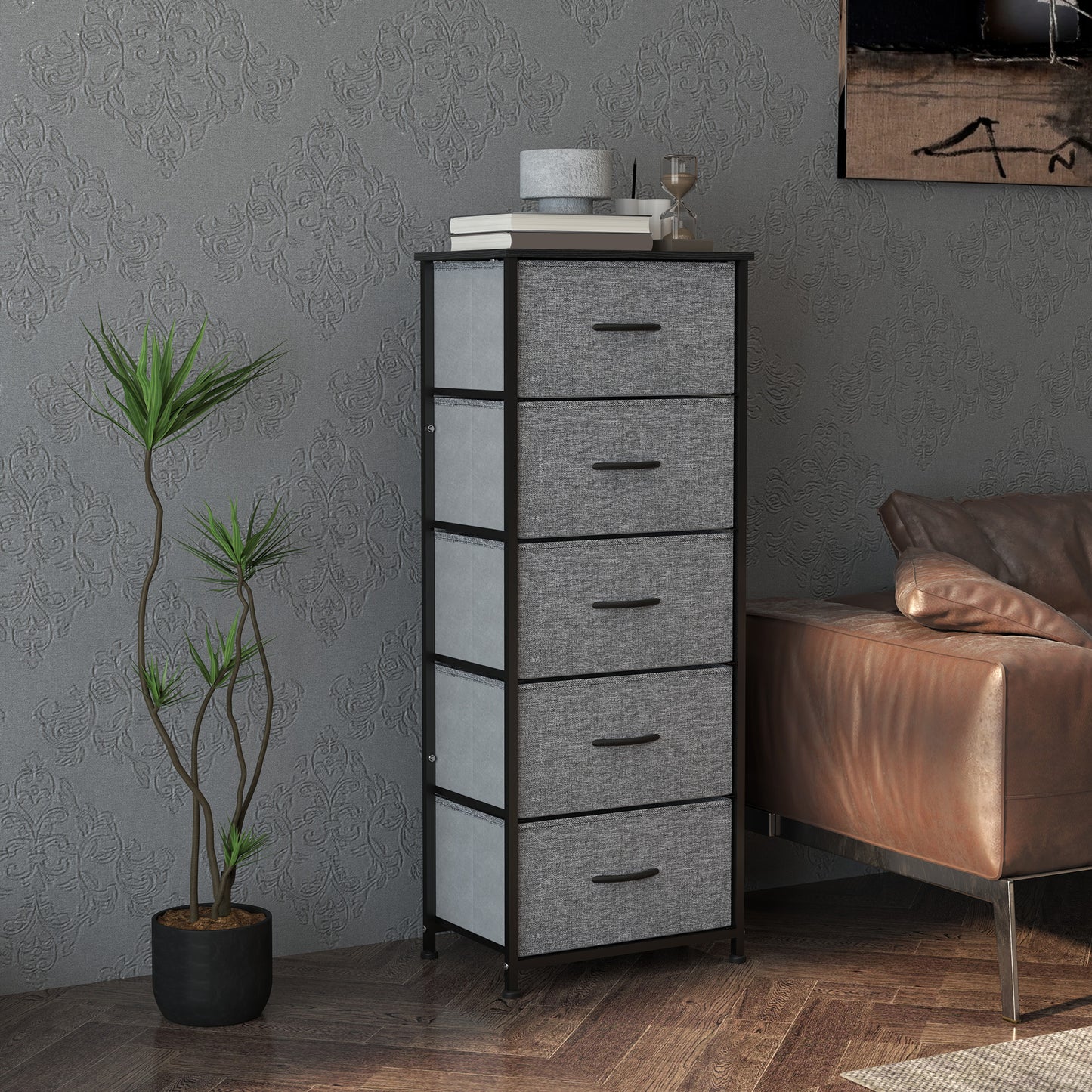 HOMCOM Industrial Dresser with 5 Fabric Drawers, Steel Frame, Wooden Top for Nursery, Living Room, Hallway, Dark Grey