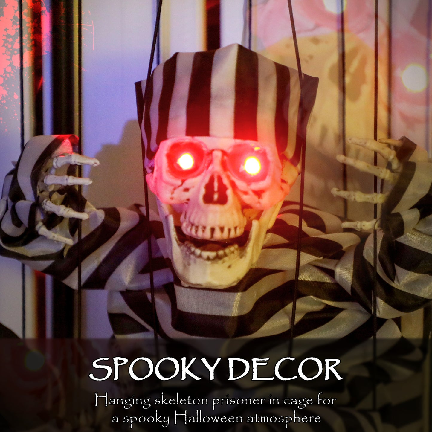 Outsunny Halloween Animated Skeleton Prisoner with LED Eyes, Scary Halloween Decor, Battery Operated Indoor Party Prop, in Cage - Spooky Skeleton