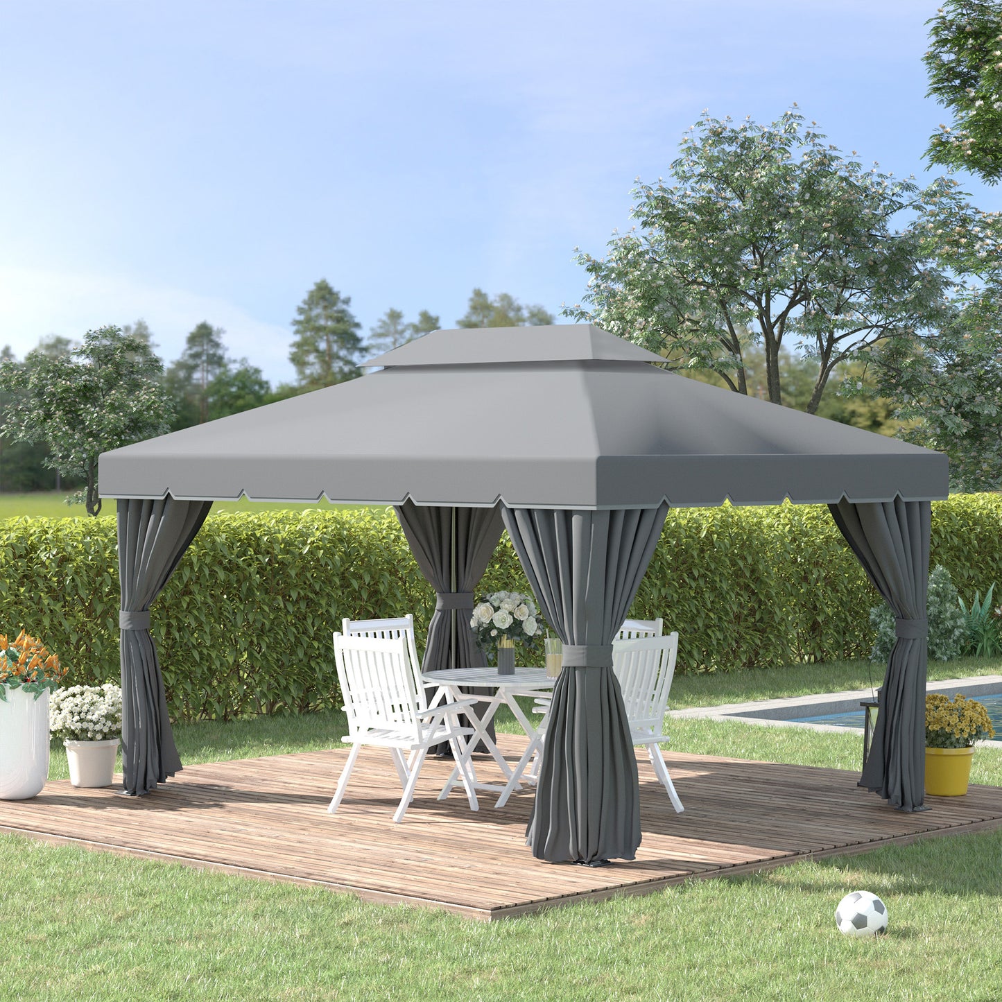 Outsunny 3 x 4m Aluminium Garden Gazebo, Marquee Canopy Shelter Pavilion Party Tent with Nets and Curtains for Garden and Deck, Dark Grey