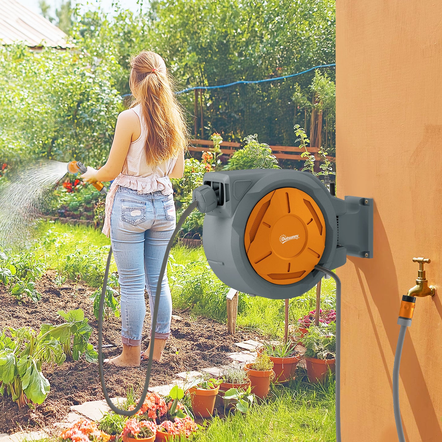 Outsunny Retractable Hose Reel, Wall Mounted, 32m, Auto Rewind, 7-in-1 Spray Nozzle, Wall Fixings, 180° Swivel, Garden Watering, Orange