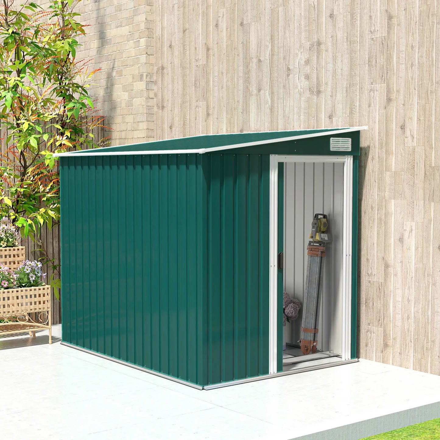 Outsunny 7 x 5ft Galvanised Metal Shed, with Sliding Door - Green