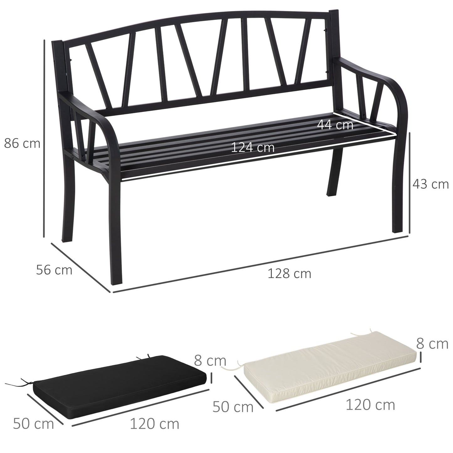 Outsunny 2-Seater Metal Garden Bench, Loveseat with Cushions, Slatted Backrest & Armrests, Cream White/Black