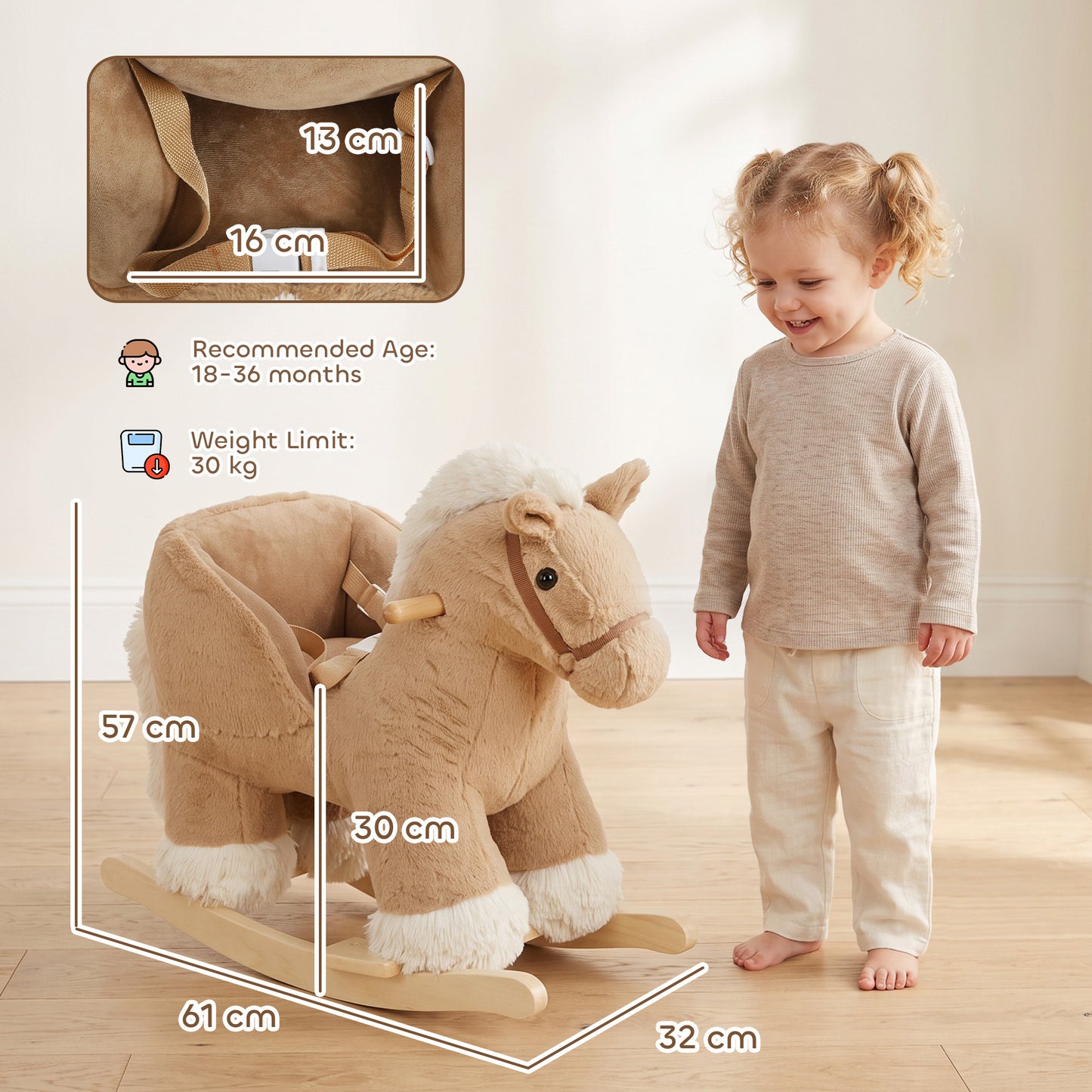 AIYAPLAY Kids Rocking Horse, Children Plush Ride On Animal Rocker w/Sound, Seat Belt, Wood Base Seat for Toddlers 18-36 M, Brown