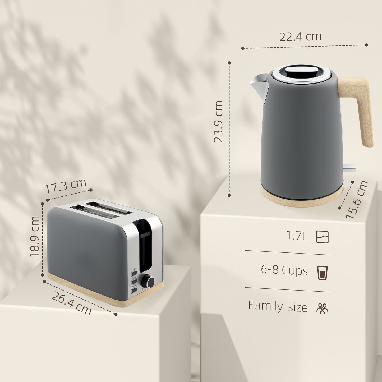 HOMCOM Kettle and Toaster Set, 1.7L 3000W Fast Boil Kettle & 2 Slice Toaster with 7 Browning Levels, Grey