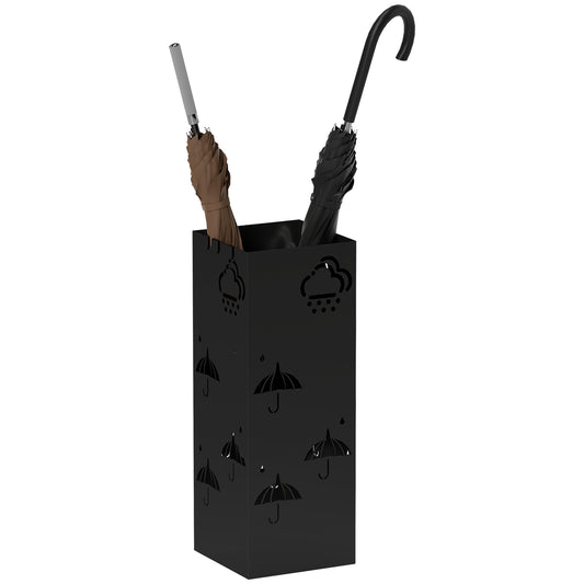 HOMCOM Metal Umbrella Stand, Square Holder with Drip Tray & 4 Hooks, Decorative Rack for Hallway/Entryway, 15.5x15.5x41 cm, Black