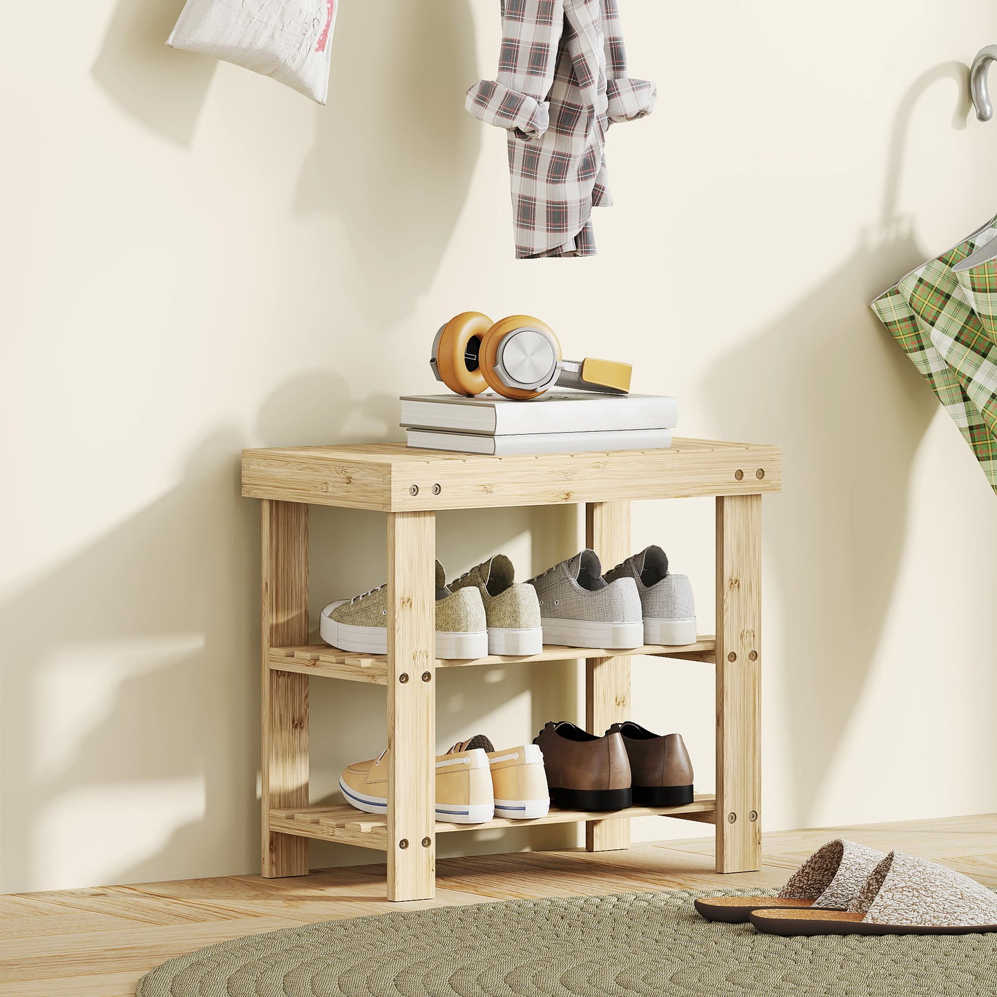 HOMCOM 3-Tier Bamboo Shoe Storage Bench - Nature Wood Finish