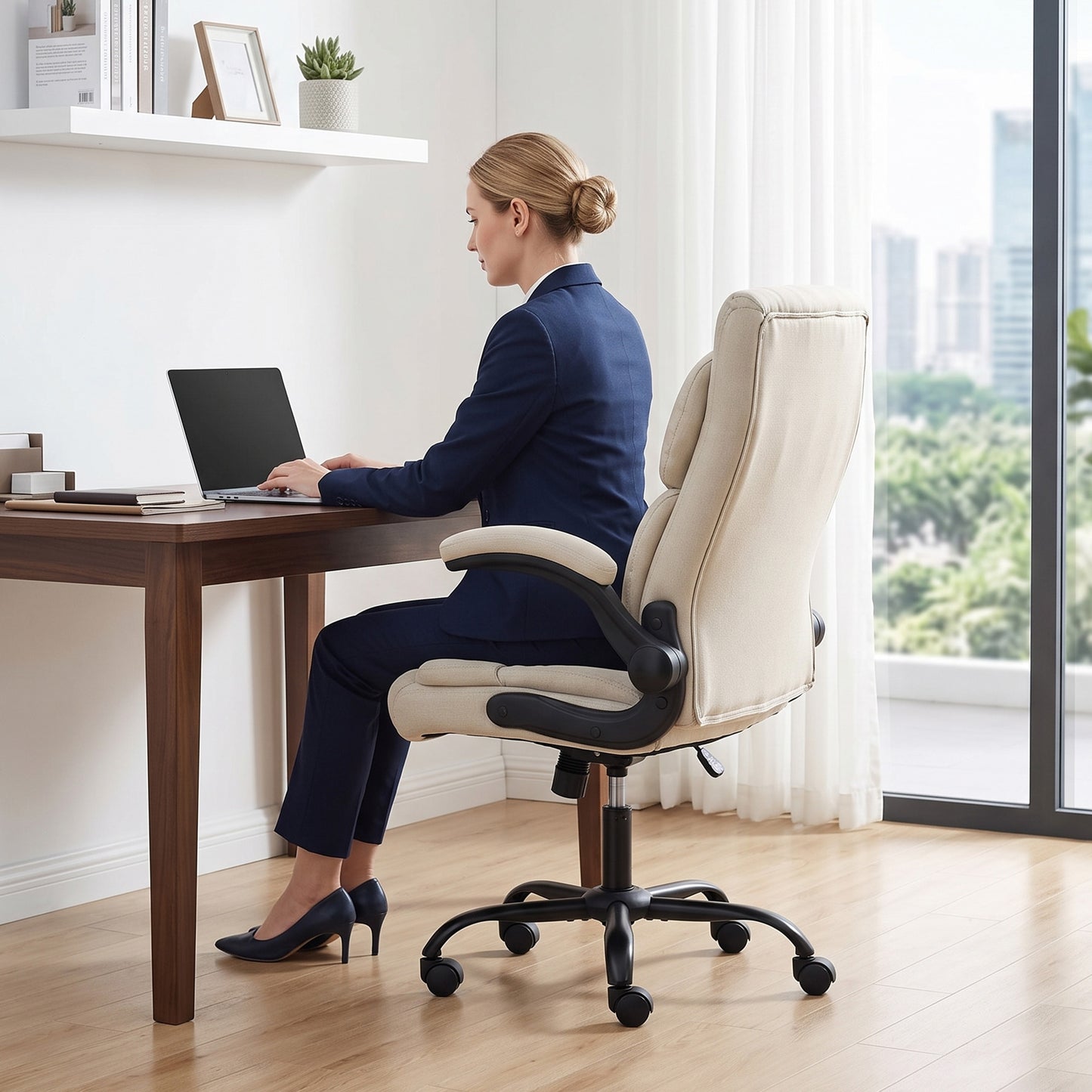 HOMCOM Office Chair, Executive Desk Chair with Flip-up Armrest, Thick Padding, 360 Degree Swivel, Cream White