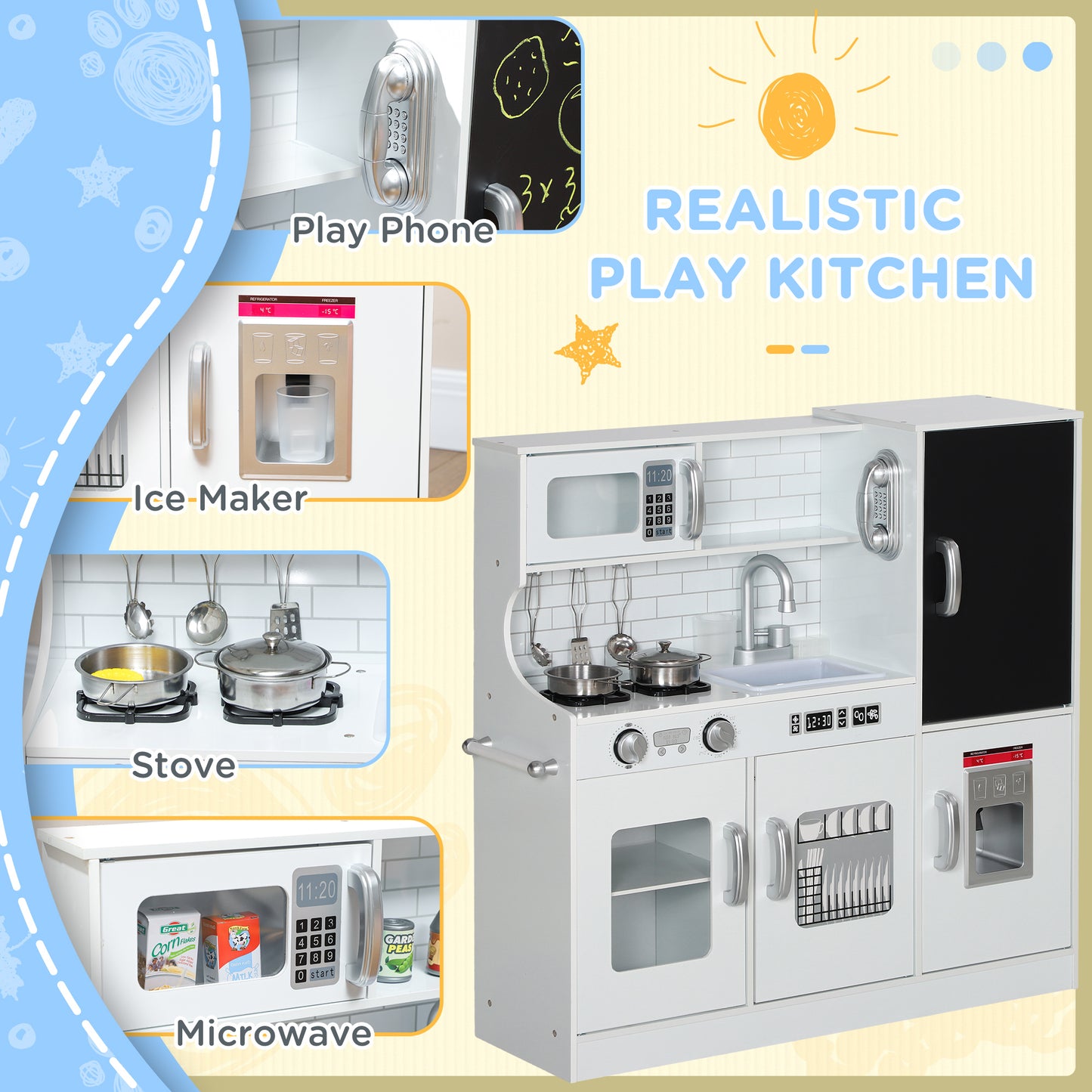 AIYAPLAY Pretend Play Kitchen, Kids Kitchen Playset, with Toy Phone, Chalkboard, Microwave, Cooking Stove, Sink, White