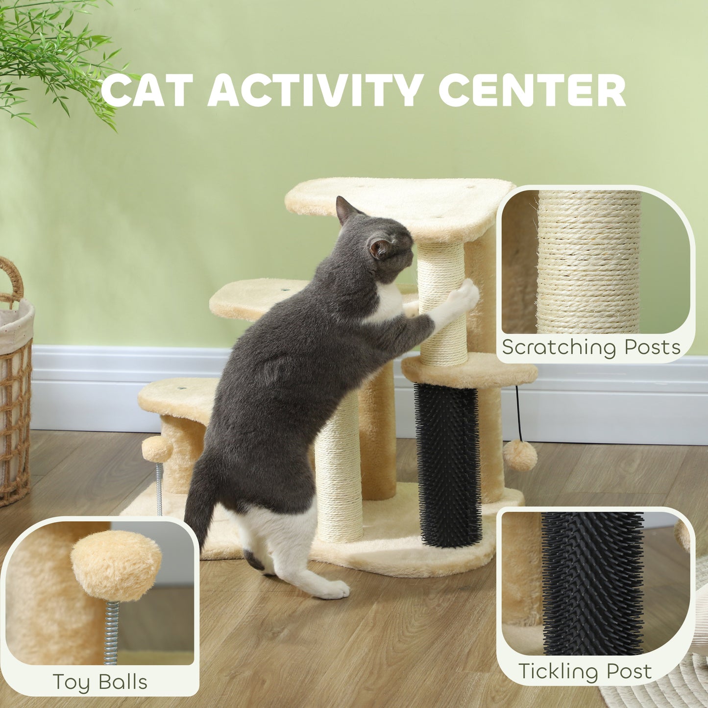 PawHut Cat Tree 2 in 1 Pet Stairs w/ Scratching Tickling Post, Toy Balls, for Bed, Sofa, Couch, Beige