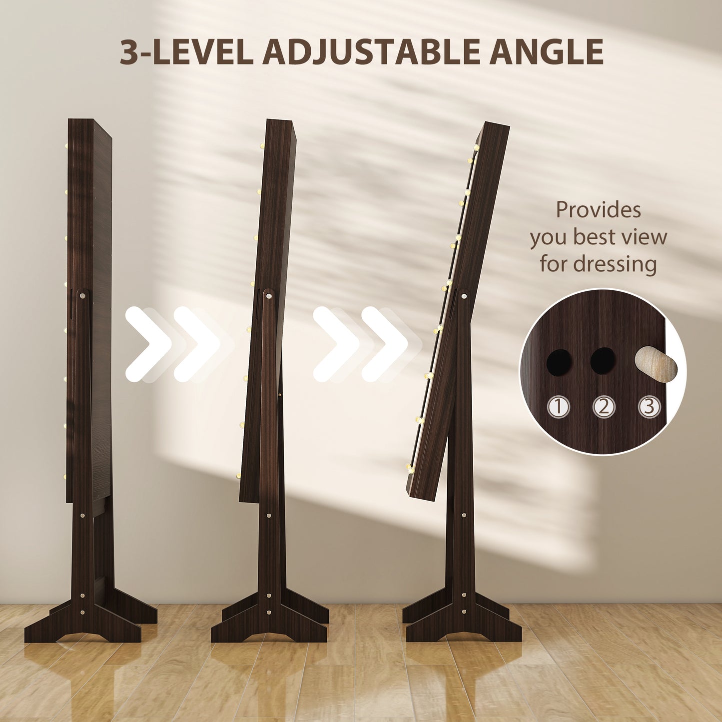 HOMCOM Freestanding Mirror Jewelry Cabinet with LED Lights, Adjustable Angles, Storage for Earrings, Necklaces, Rings, Lipsticks, Dark Brown