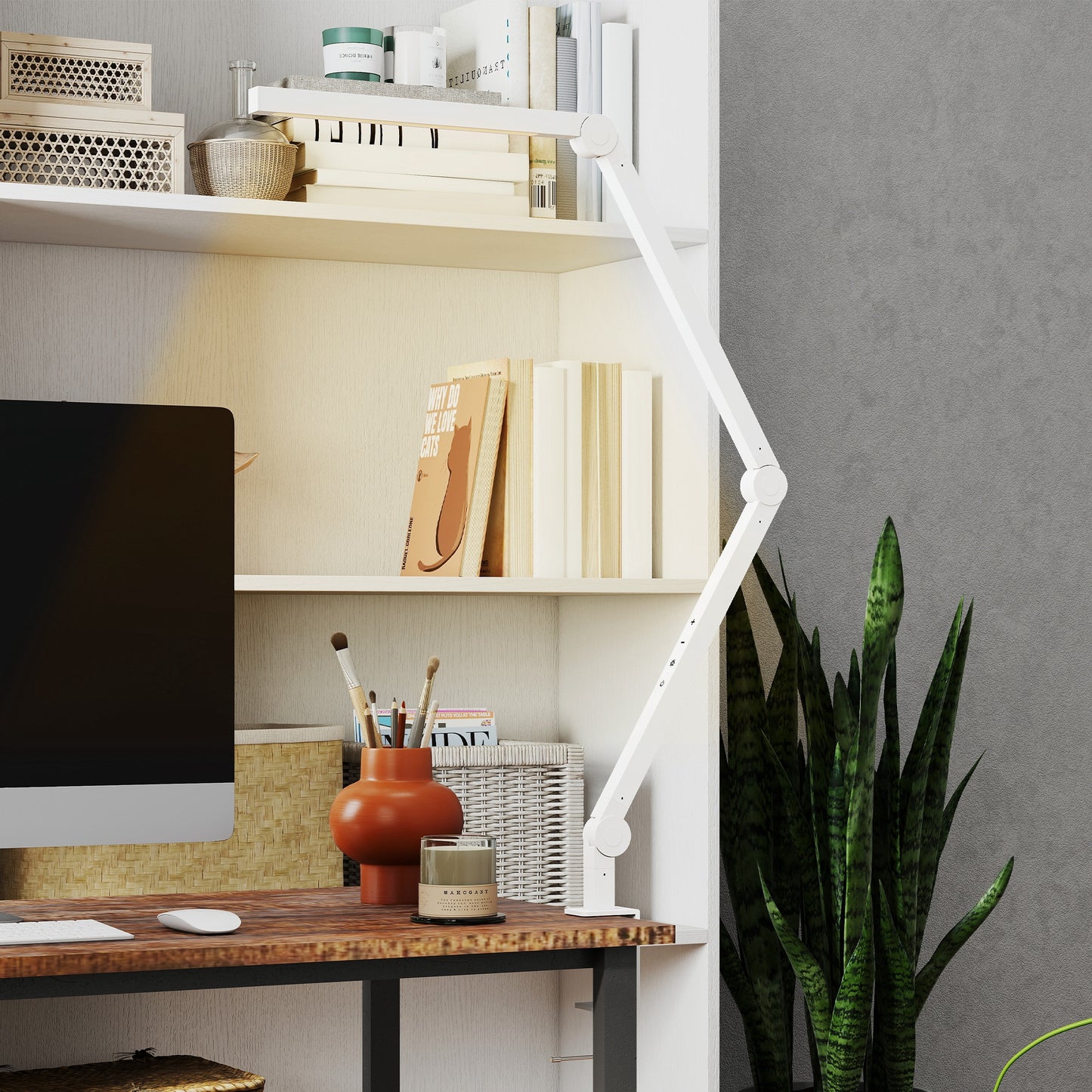 HOMCOM LED Desk Lamp, Dimmable with Swing Arm & Clamp, Adjustable Eye-Caring Light, 2 Colors & 5 Brightness Levels for Office, Study, Task, White