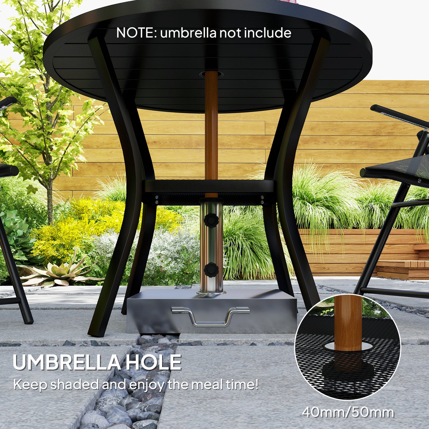 Outsunny 90 cm Round Steel Garden Dining Table with Parasol Hole, Slatted Metal Top, Wire Shelf, Black
