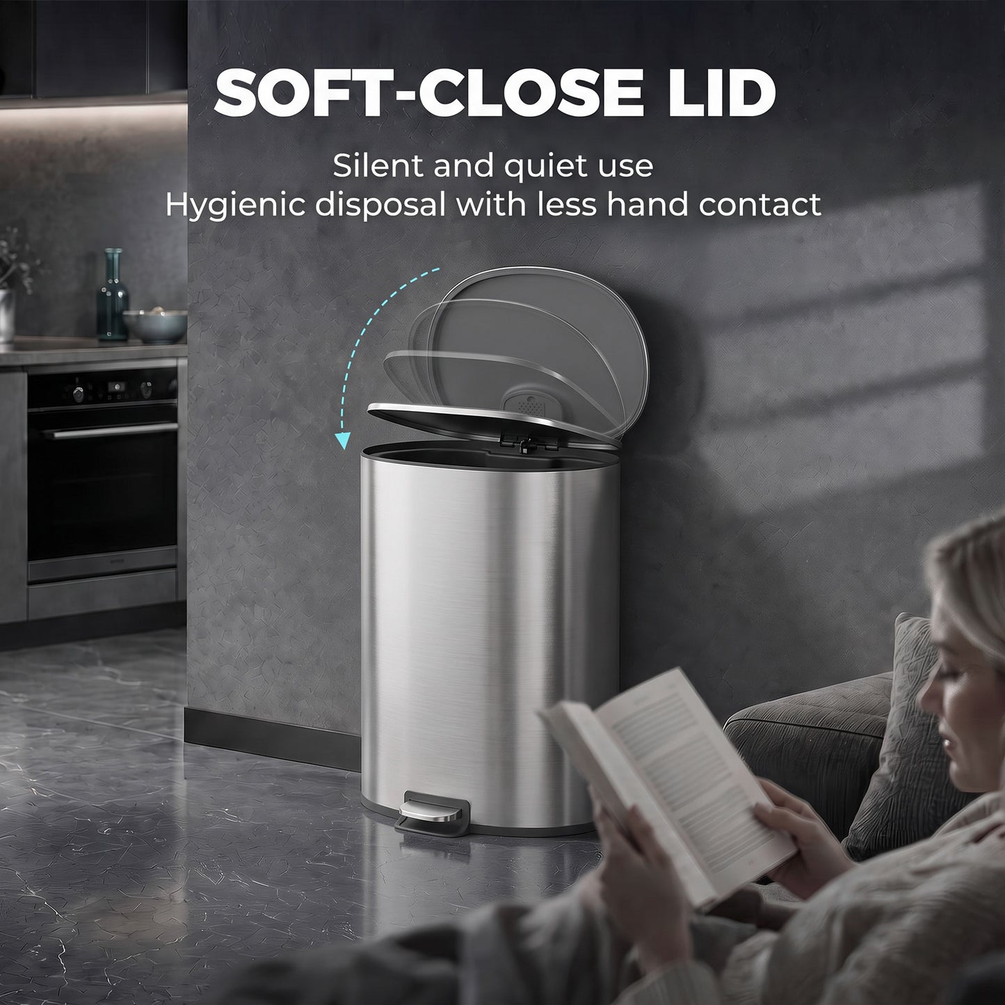HOMCOM 50L Kitchen Pedal Bin, Rubbish Bin with Soft-Close and Stay-Open Lid, Removable Inner Bucket, Silver Tone
