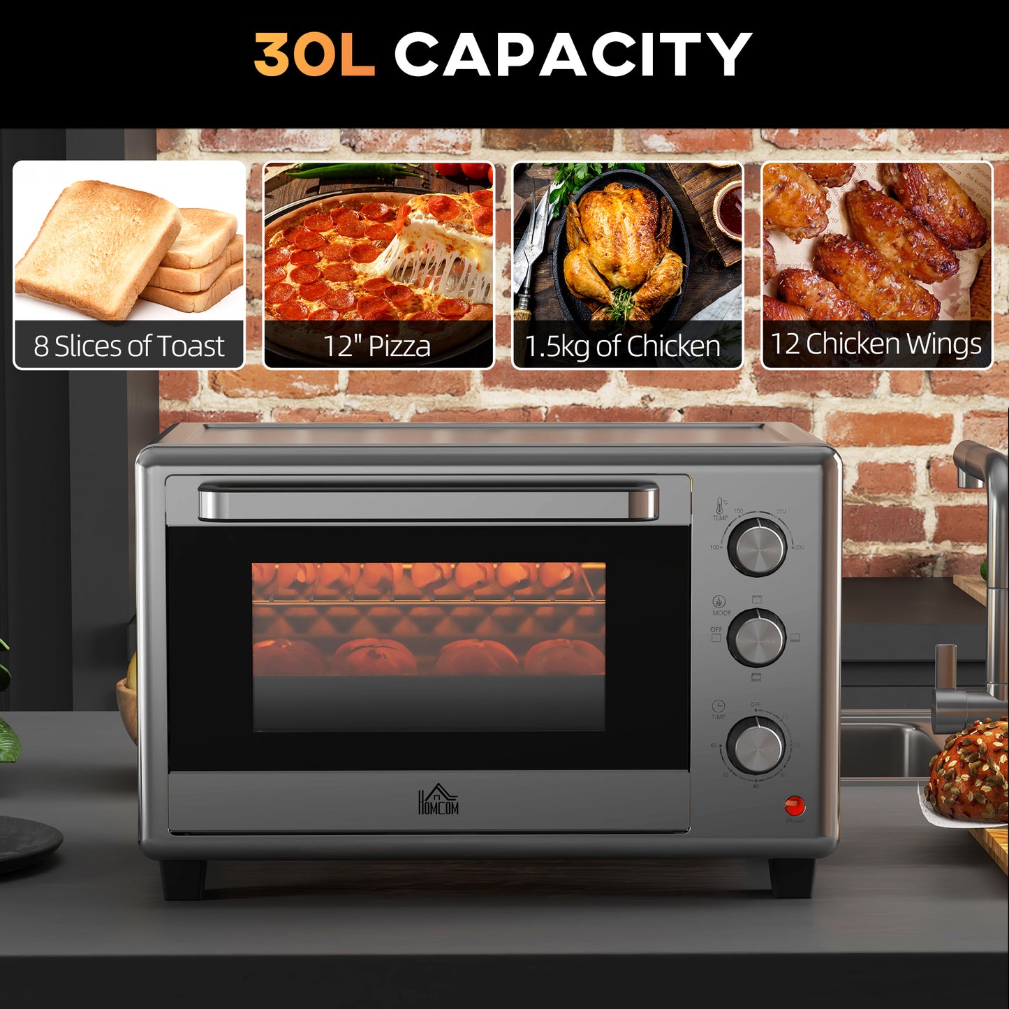 HOMCOM 30L 60-230°C Mini Electric Oven, with Accessories - Silver Tone