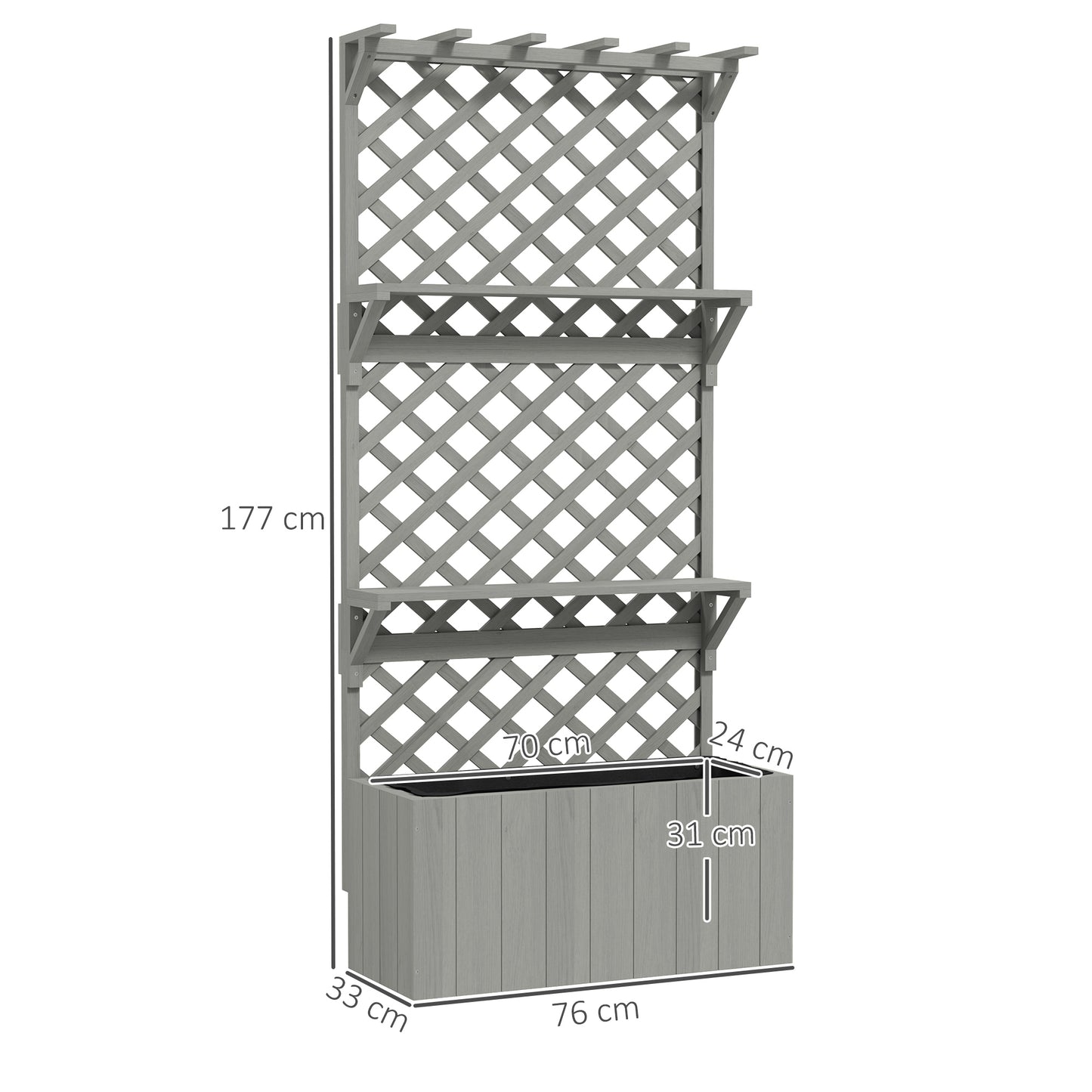 Outsunny Wooden Planter with Trellis, Freestanding Raised Bed with Roof, Shelves, Drainage Holes & Liner for Garden, Grey