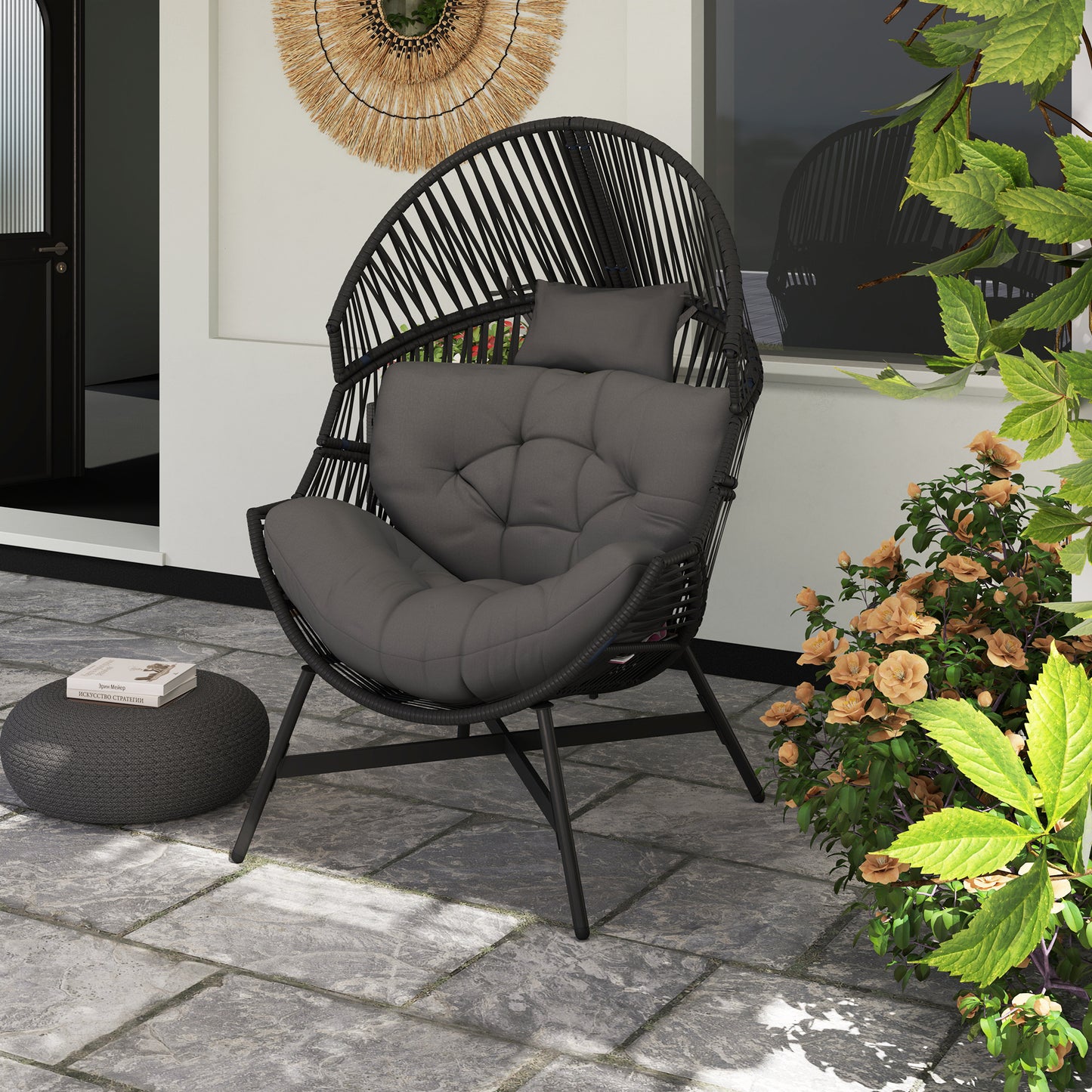Outsunny Rattan Egg Chair, Oversized Freestanding Garden Chair with Cushion, Headrest, Steel Frame for Indoor/Outdoor Use, Charcoal Grey