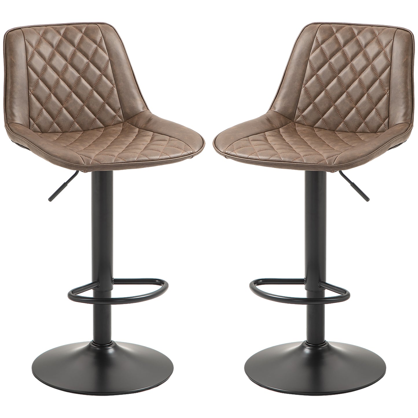 HOMCOM Bar Stools Set of 2, Retro Adjustable Kitchen Stool, Swivel PU Leather Upholstered Bar Chairs with Back, Footrest and Steel Base, Brown