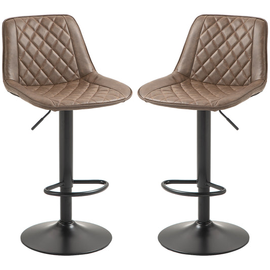 HOMCOM Bar Stools Set of 2, Retro Adjustable Kitchen Stool, Swivel PU Leather Upholstered Bar Chairs with Back, Footrest and Steel Base, Brown