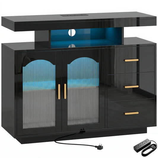 HOMCOM High Gloss Sideboard with LED Lights, Built-in Power Outlets, 3 Drawers, Shelves and 2 Acrylic Doors, Black
