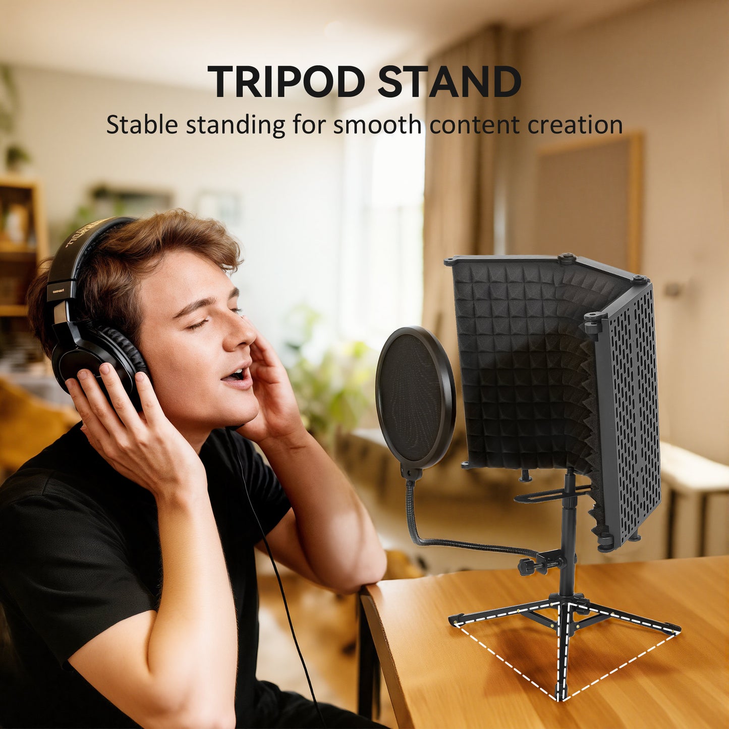 HOMCOM Studio Microphone Isolation Shield with Pop Filter & Tripod Stand, Foldable 3-Panel Foam Shield, 3/8" Threaded Mount, Black