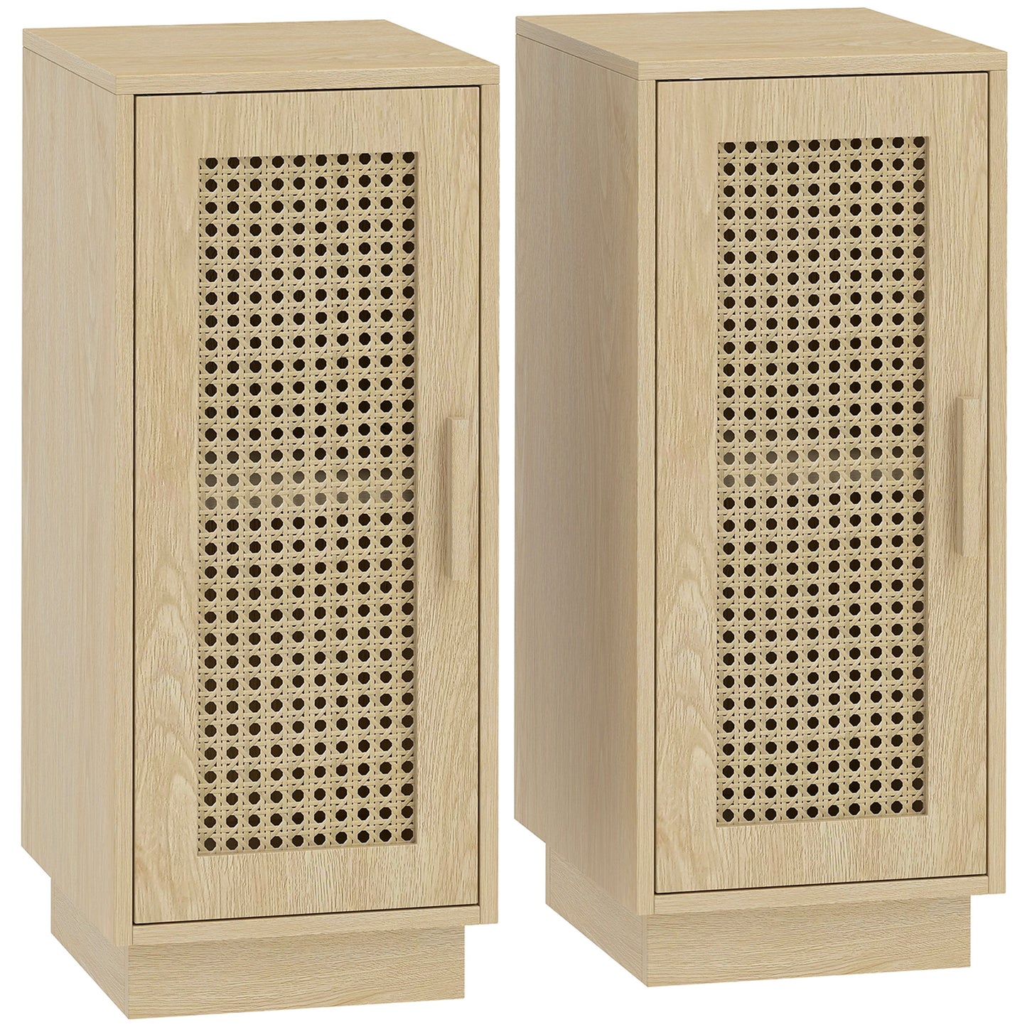 HOMCOM Set of 2 Bedside Tables with Rattan-Decor Doors, Boho Slim Nightstands with Adjustable Shelf, Natural Wood Finish